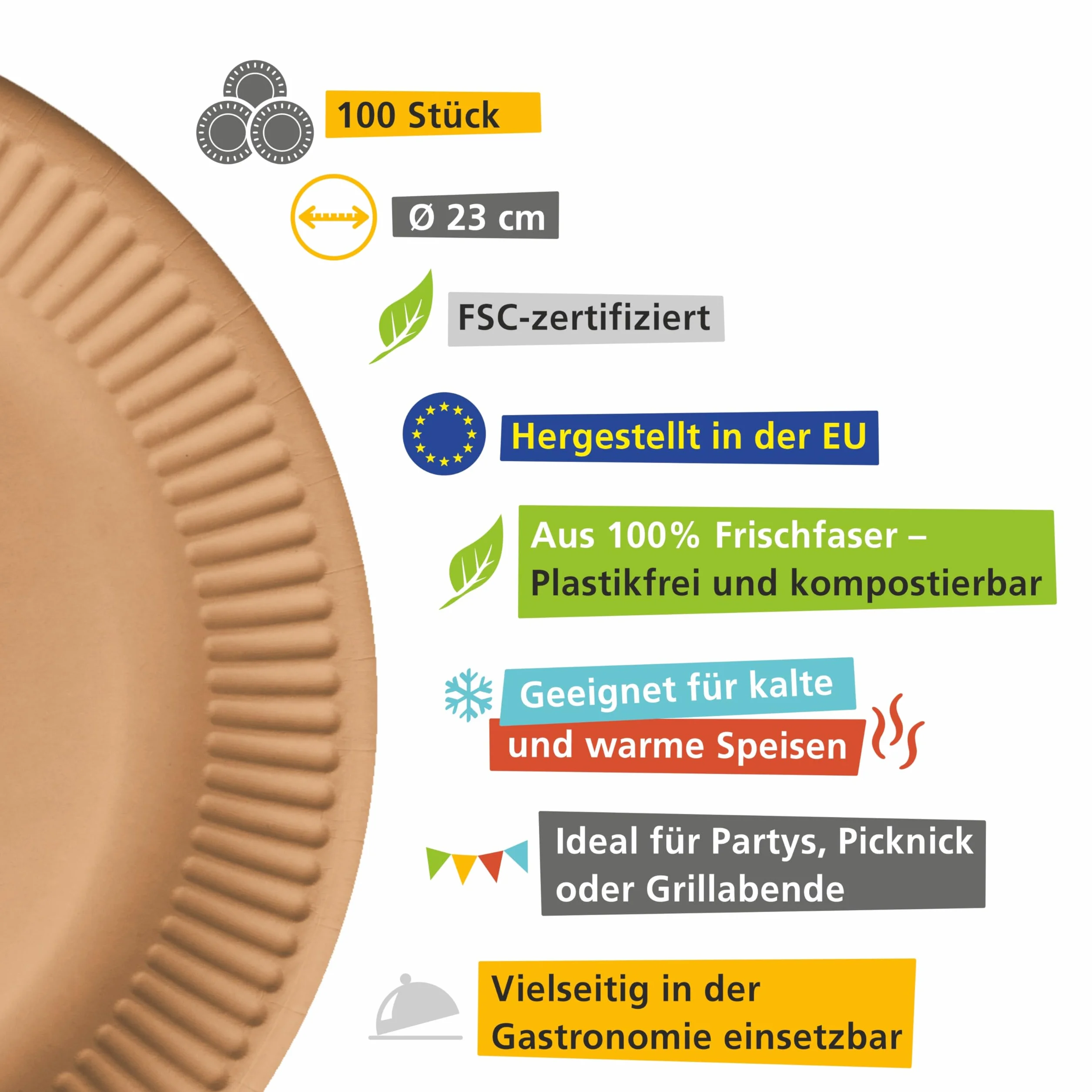 HEKU be green 100 biologicznych talerzy papierowych, Ø 23 cm, certyfikat FSC, biodegradowalne, wszechstronne i przyjazne dla środowiska, idealne do grillowania, pikniku i imprez
