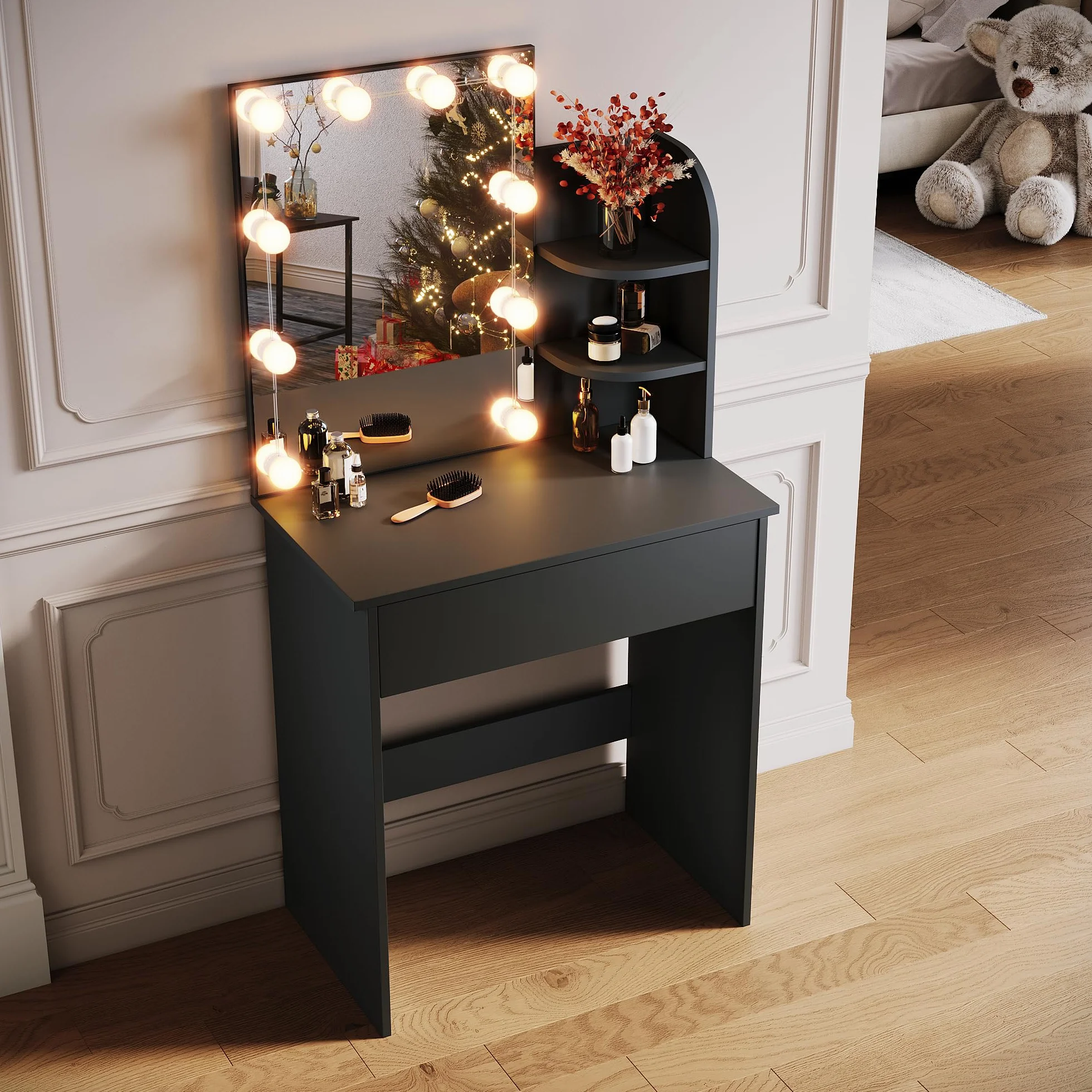 SONNI Toaletka z oświetleniem LED i lusterkiem HD, z 10-stopniową regulacją jasności, 3 kolory, toaletki z szufladami do sypialni, 3 otwarte przegrody, czarna, 70x40x140cm
