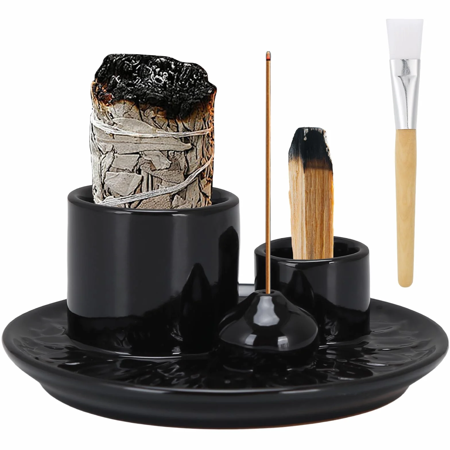 Uchwyt na kadzidełka ceramiczny czarny 4 w 1 miska do wędzenia Palo Santo uchwyt | Z uchwytem na kadzidełka, ceramiczne naczynie kadzidłowe, szałwia, kadzidełka, kadzidełka, joga, medytacja