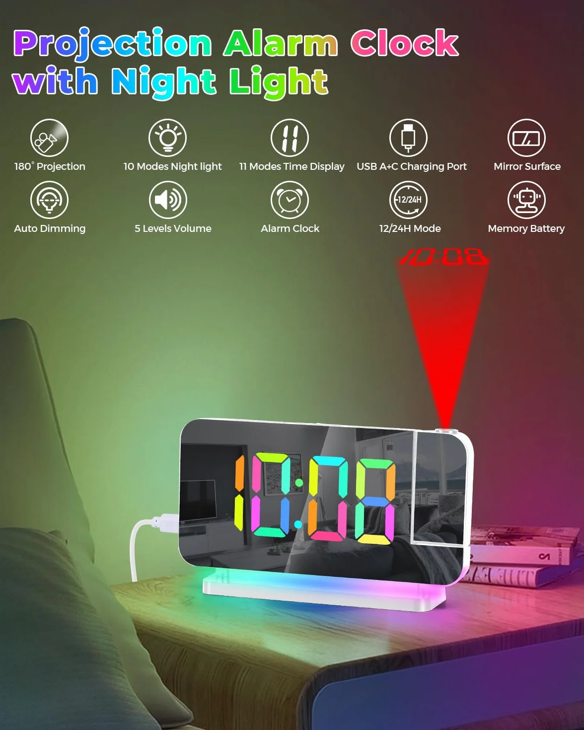 SZELAM Budzik z projektorem, 18,7 cm LED, lustrzany, duży wyświetlacz, z projektorem obracanym o 180°, lampka nocna RGB, złącze USB C, nowoczesny zegar biurkowy do dekoracji sypialni – biały