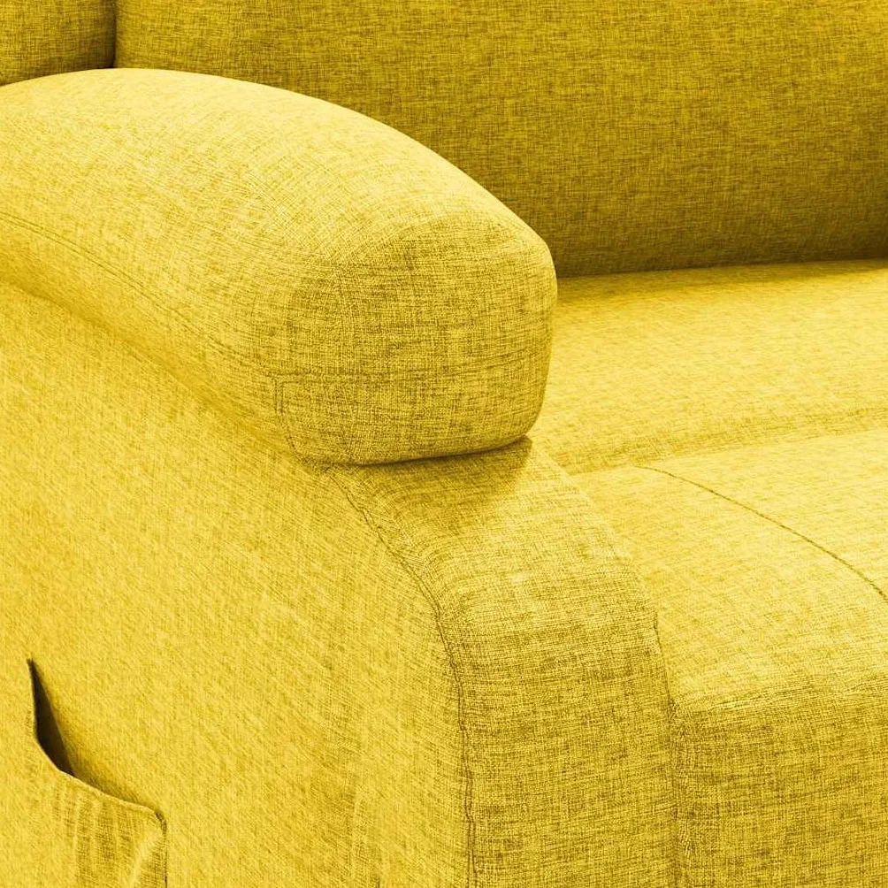 Fotel relaksacyjny, żółty, materiał z regulowanym oparciem i podnóżkiem, ergonomiczny fotel tapicerowany z drewnianą i metalową ramą, wygodny fotel do salonu, biura, kącik do czytania