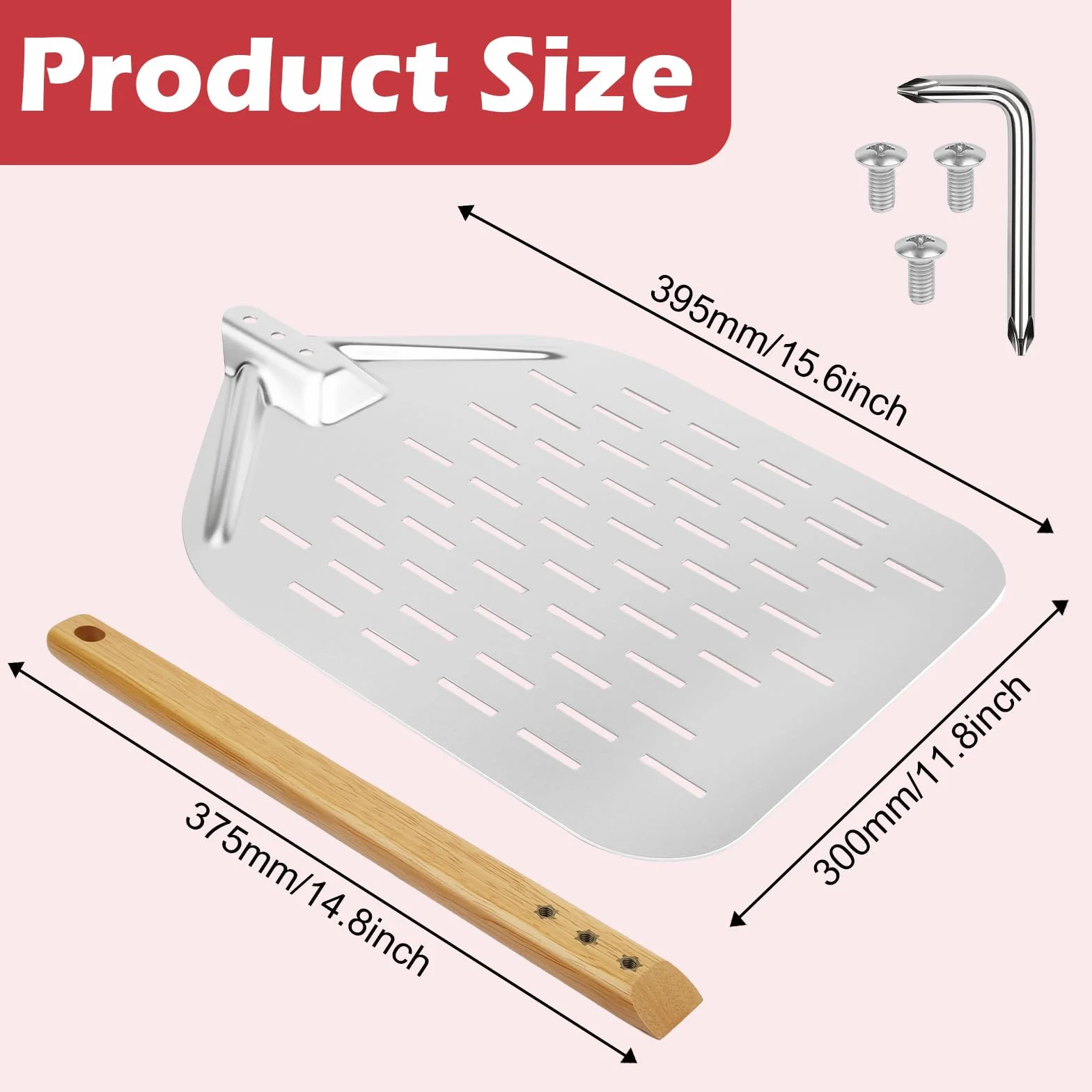 Łopata do pizzy perforowana, srebrzysta, 12-calowa, 39,5 * 30 cm, aluminiowa łopata do pizzy, profesjonalna łopata do pizzy z dużą powierzchnią i wyjmowaną