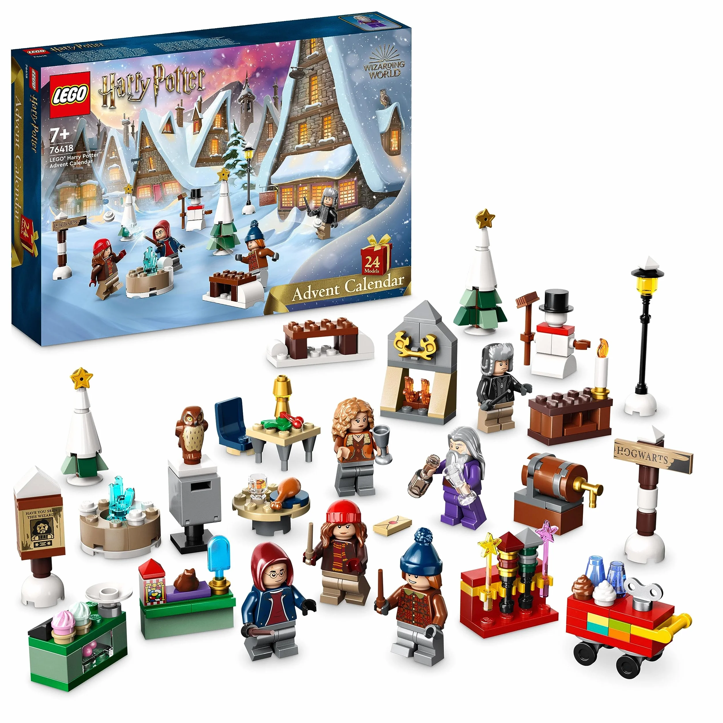 LEGO 76418 Harry Potter Kalendarz adwentowy 2023, 24 Niespodzianki w tym 18 Minimodeli z Wioski Hogsmeade i 6 Minifigurek, Prezent na Mikołaja dla Dzieci, Chłopca i Dziewczynki, Odliczanie do Świąt