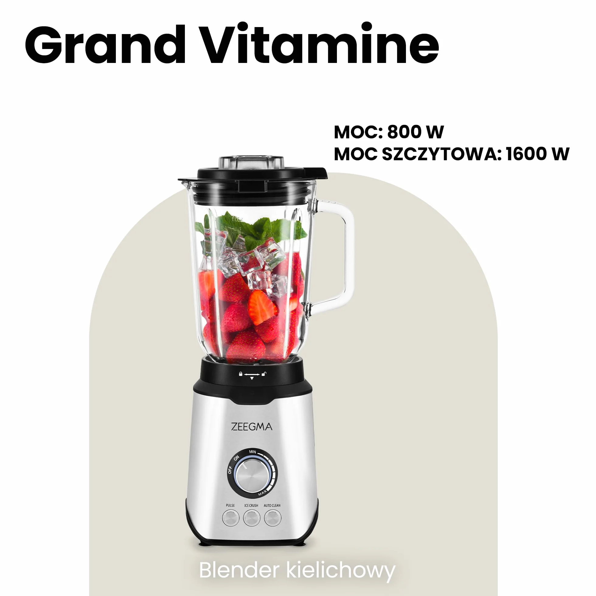 Zeegma Grand Vitamine Blender Kielichowy, Silnik 1600W, 3 Automatyczne Tryby Pracy, Duży Kielich 1,75L, 6 Noży, Regulacja Prędkości, Funkcja Thermofuse, Metalowa Obudowa, Podświetlenie Led