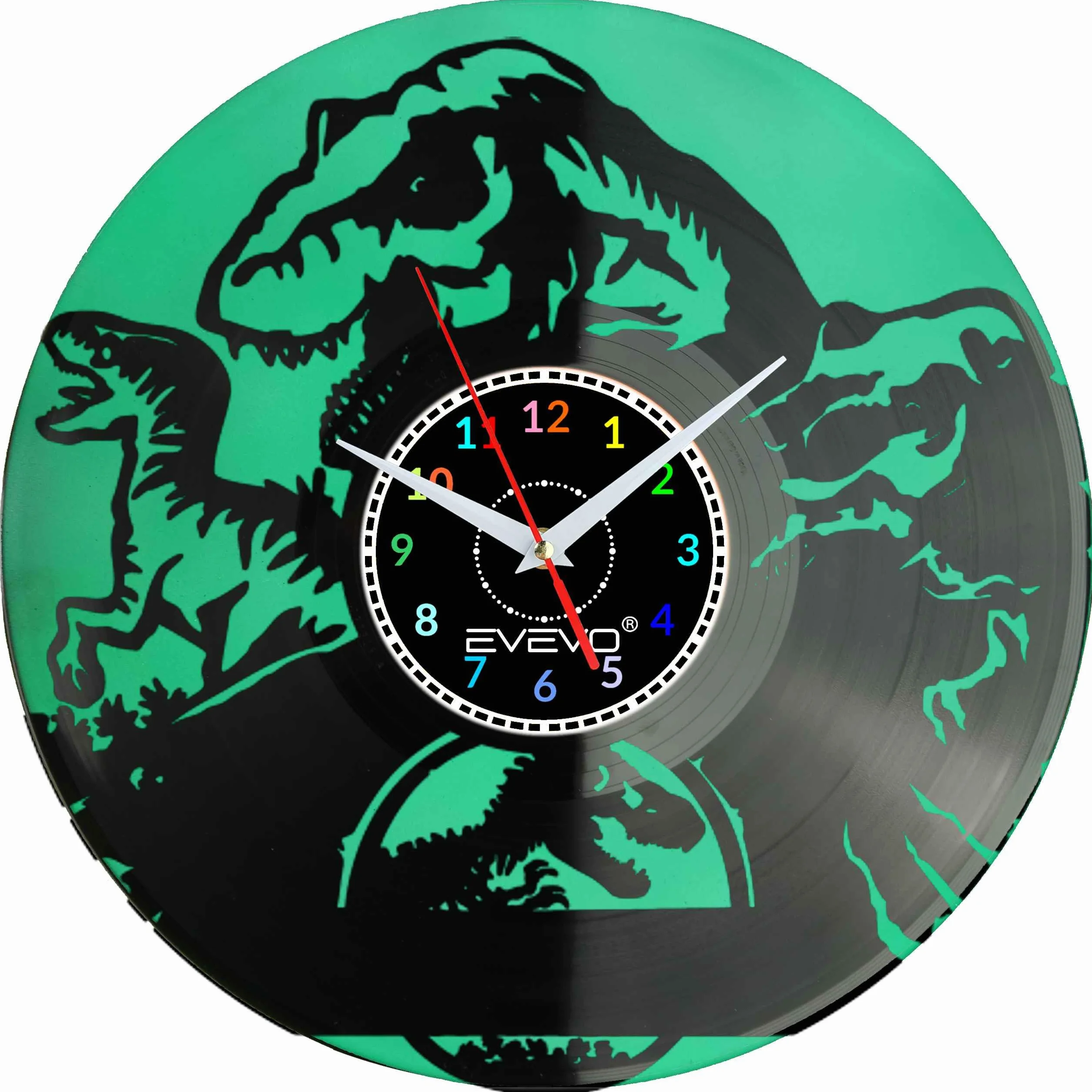 ZEGAR ŚCIENNY DINOZAUR RAPTOR REX GAD PREHISTORYCZNY FLUORESCENCYJNE TŁO PŁYTA WINYLOWA PREZENT UPOMINEK SOUVENIR EVEVO F0070