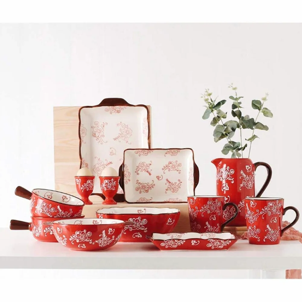 Zestaw obiadowy, 12 sztuk Ceramiczny zestaw obiadowy w kolorze podszkliwnym Zestaw porcelanowej zastawy stołowej Orientalne piękno Prezenty ślubne na parapetówkę