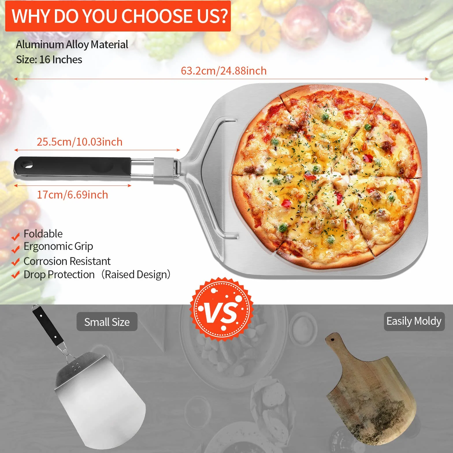 łopatka do pizzy, do kamienia do pizzy, do grilla lub piekarnika, z praktycznym składanym uchwytem, stabilna, do użytku domowego, do łatwego przechowywania