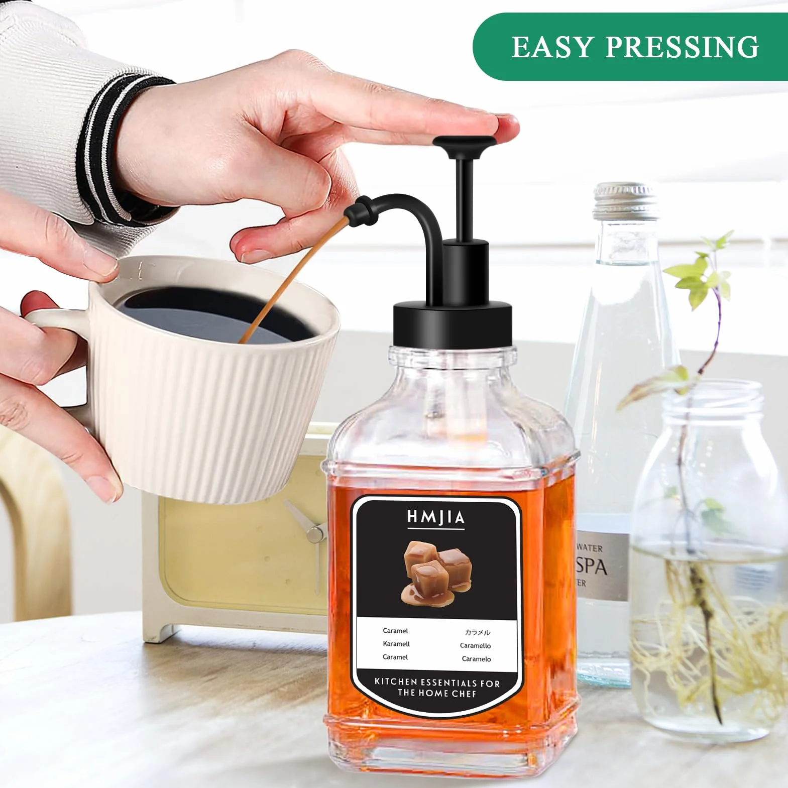 HMJIA Dozownik syropu kawowego do kawiarni, 500 ml, szklane butelki na syrop z 16 wodoodpornymi etykietami, pompa do syropu do restauracji, baru lub lodziarni (500 ml - 1 szt., czarny kwadrat)