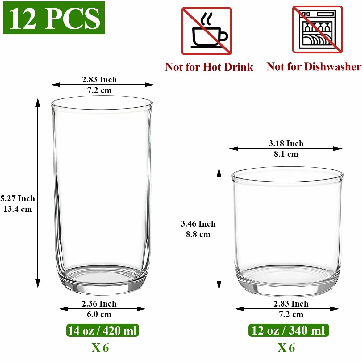 Kyraton Zestaw 12 szklanek do picia, przezroczyste plastikowe szklanki do Highball 400 ml i whisky, zestaw 326 ml, wytrzymałe, niezniszczalne szklanki do wody, szklanki do piwa, soku, mleka