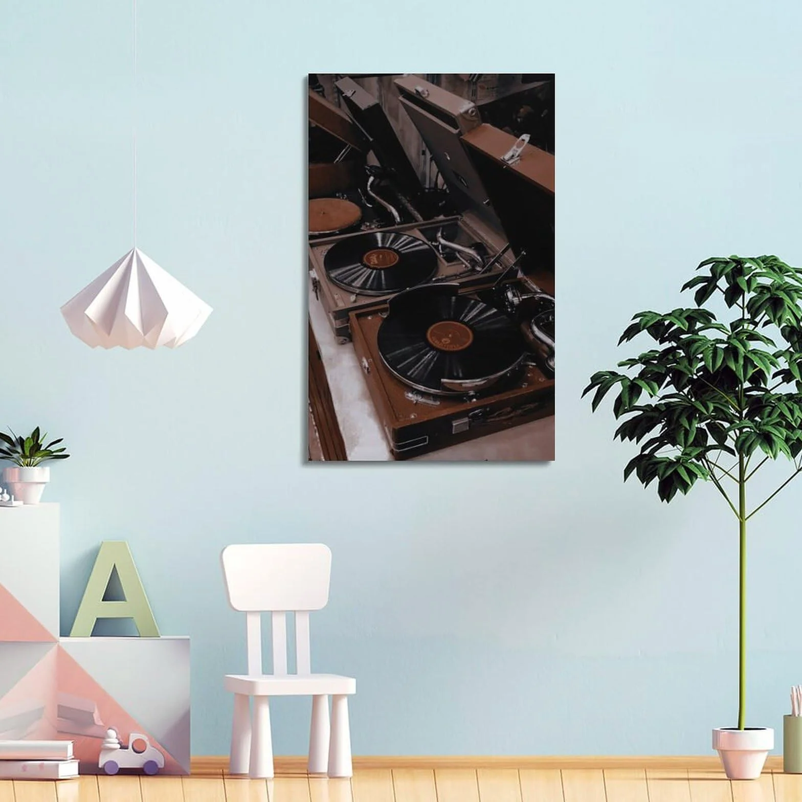 Gramofony w stylu vintage z czarnymi płytami winylowymi sztuka ścienna, retro muzyka dekoracja do domu i salonu plakat dekoracyjny obraz płótno plakaty ścienne i obraz artystyczny druk nowoczesny