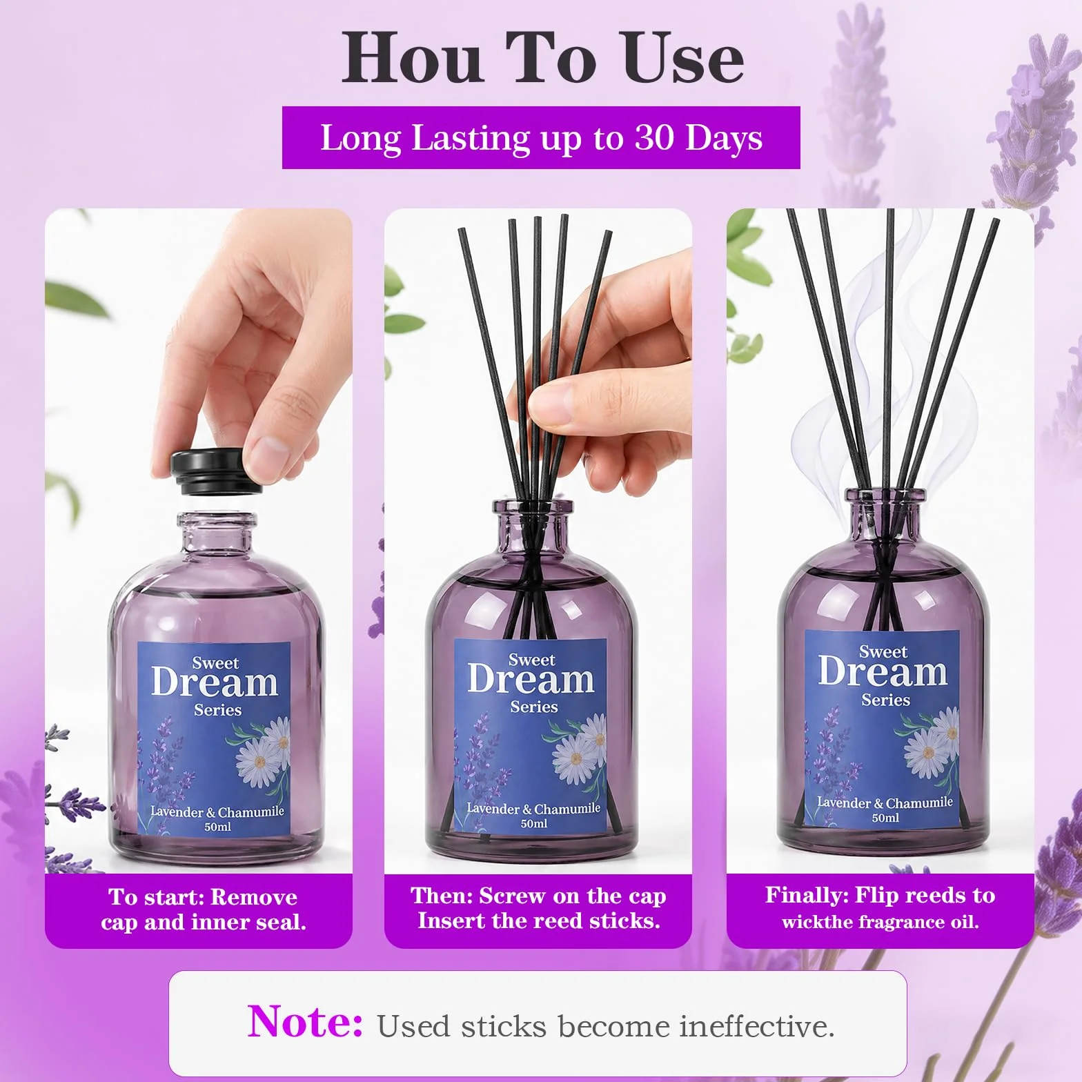 SCENTORINI Dezodorant z pałeczkami zapachowymi, gardenią, szałwią, rumiankiem i drzewem sandałowym, z olejkiem eterycznym z lawendy, dyfuzorem trzciny, 4 x 50 ml, zapachowy do pomieszczeń, łazienek