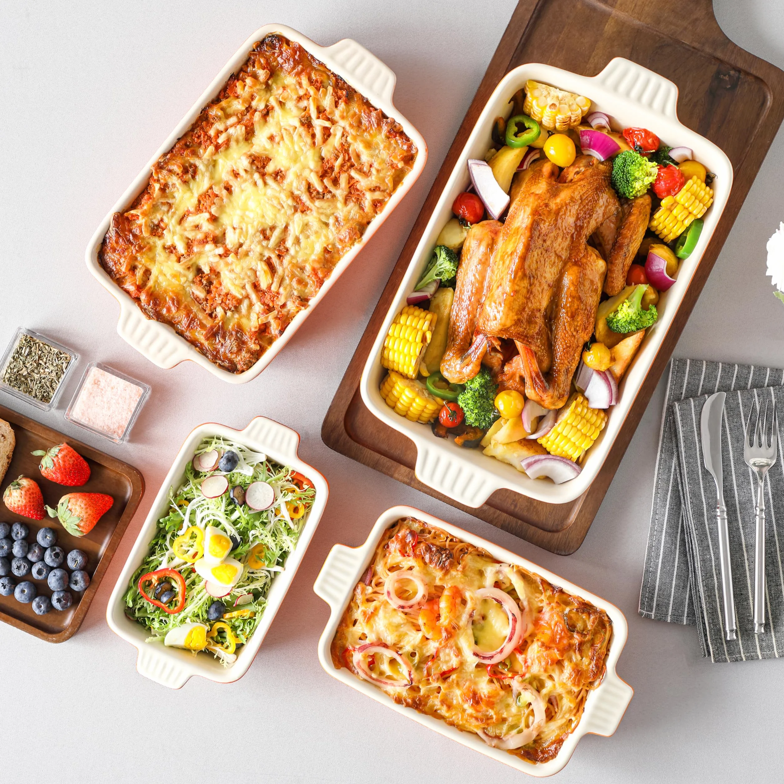 MALACASA Zestaw 4 porcelanowych naczyń do pieczenia, do piekarnika, naczynia do zapiekanek, ceramiczne, prostokątne, do pieczenia lasagne, do gotowania, ciasta, kuchni, pomarańczowe (24 cm/28 cm/31 cm