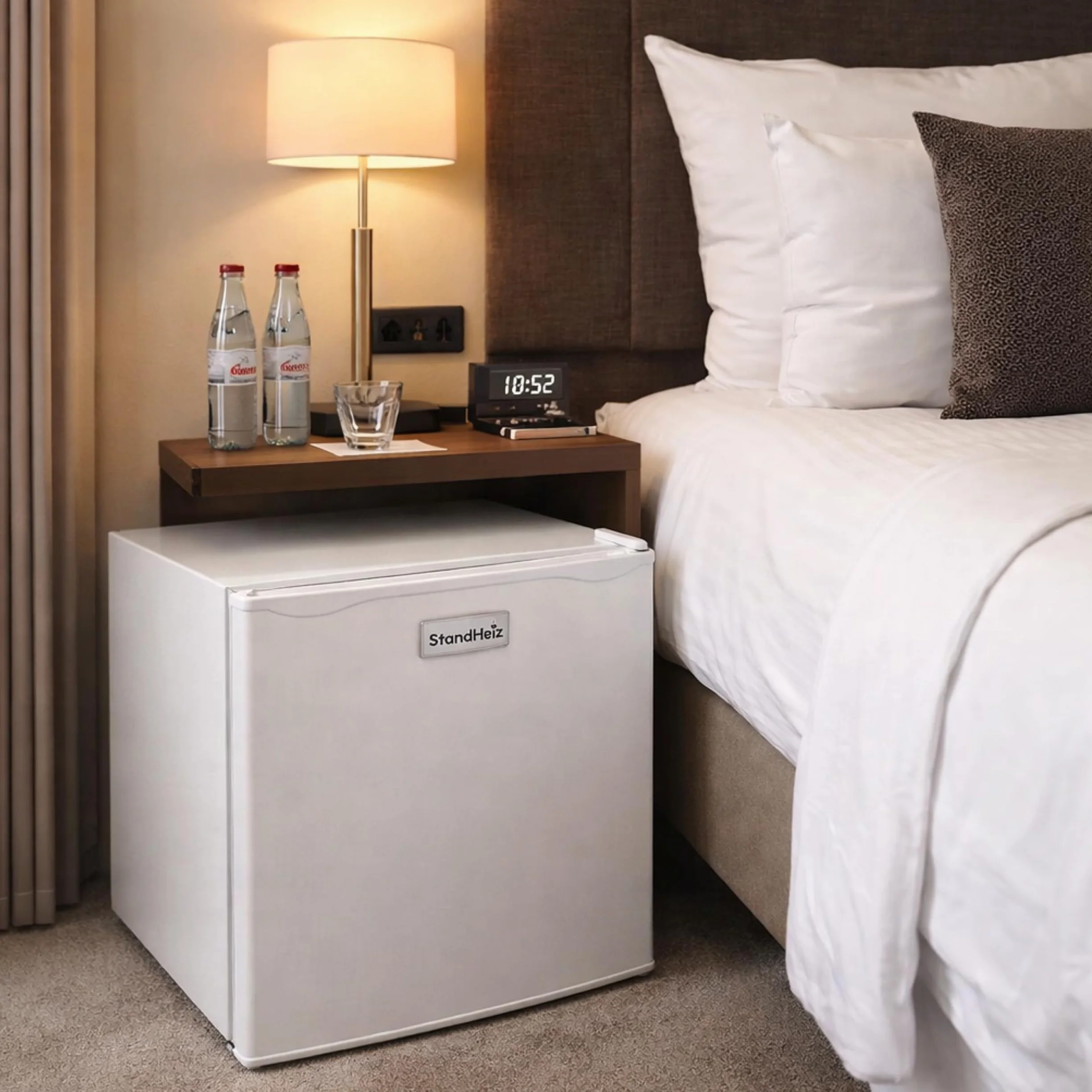 Lodówka Kompresorowa z Zamrażalnikiem 46L, Mini Lodówka Mała i Cicha 45dB, 230V, Przekładane Drzwi, Lodówka Hotelowa do Biura, Pokoju, na Camping i do Akademika, Biała, Kompaktowa