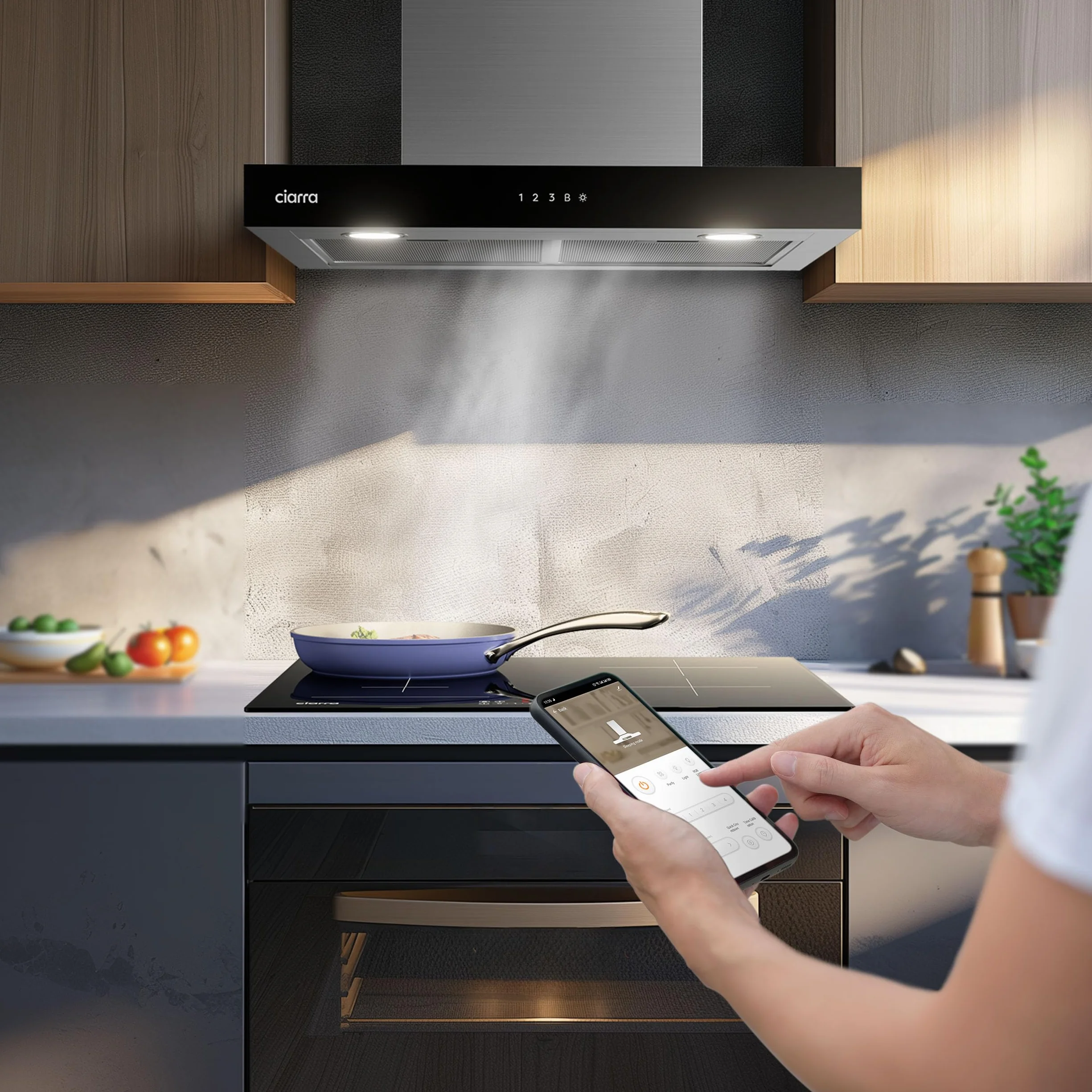 CIARRA CBCS6102 A+++ okap kuchenny 60 cm obieg powietrza wylotowego okap kuchenny 650 m³/h Wi-Fi App Touch obsługa 4 stopnie wraz z Booster czarny okap ścienny z filtrem węglowym CBCF003