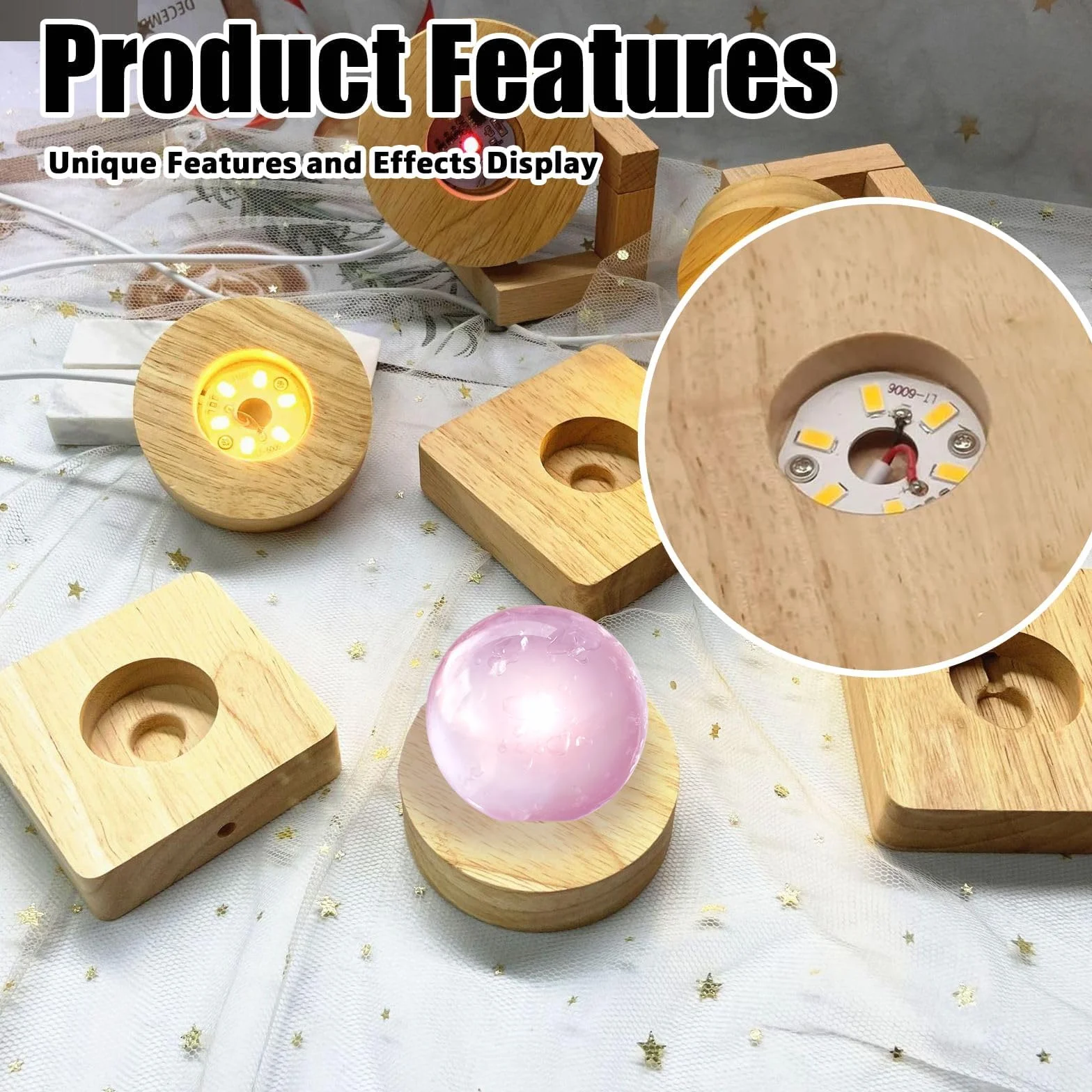 Drewniana podstawa świetlna LED, 4 sztuki, USB LED, do szkła akrylowego, ciepła barwa LED, podstawa do oświetlenia kryształowego, akrylowego, biżuterii, żywicy (kwadrat)