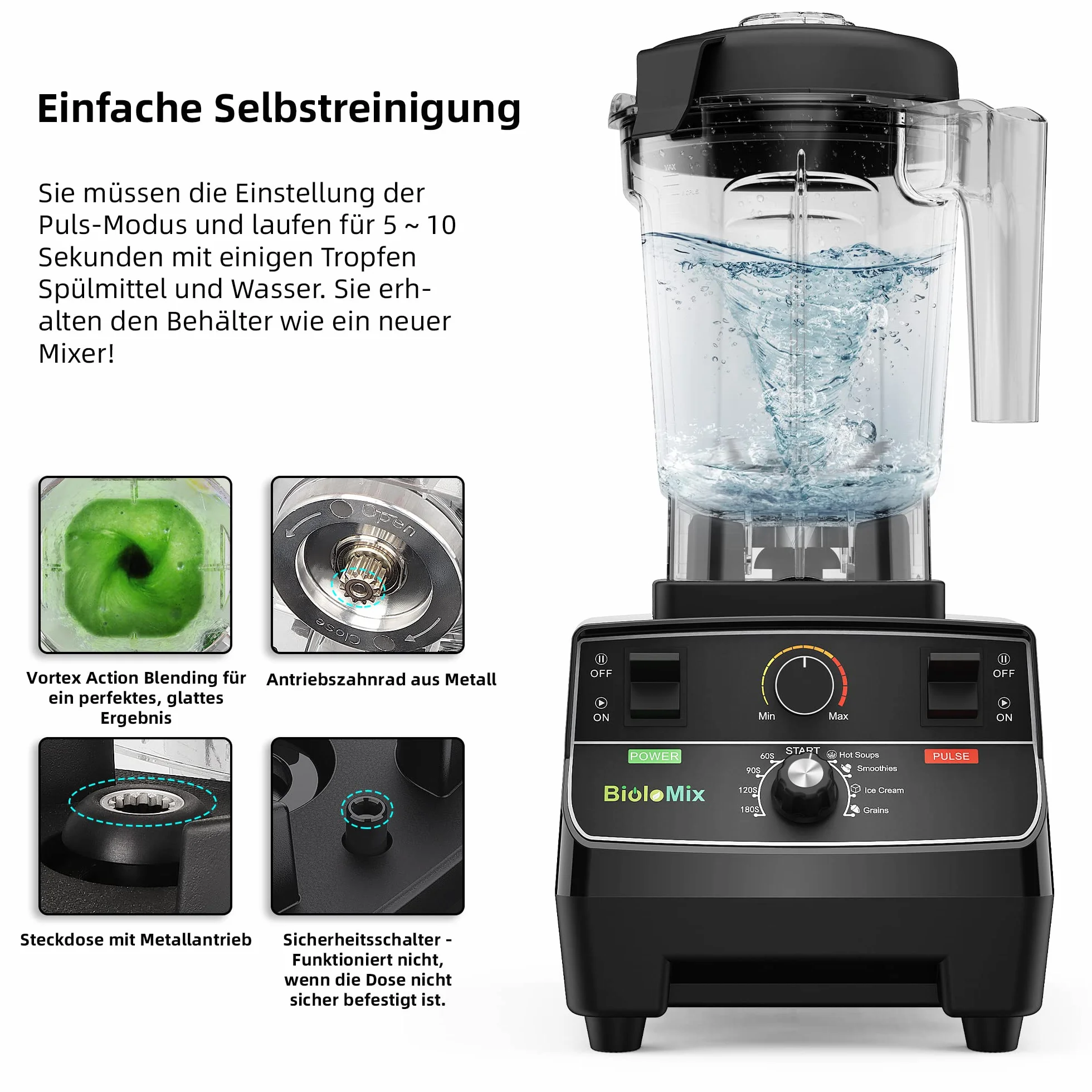 BioloMix Mikser o wysokiej wydajności 2200 W, funkcja samoczyszczenia | mikser stojący pojemnik 2 l i kubek podróżny o pojemności 600 ml, nie zawiera BPA
