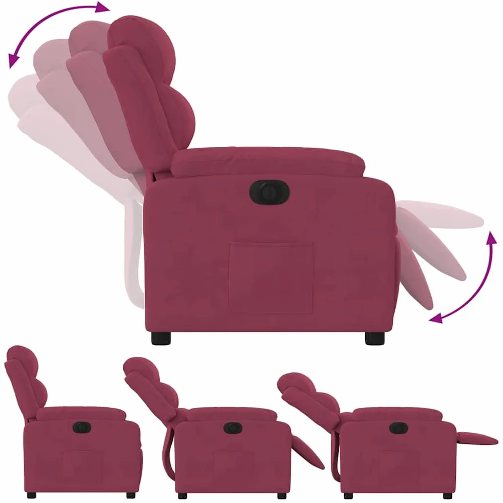 Fotel relaksacyjny elektryczny z funkcją leżenia, czerwone wino, aksamit, wyściełany, ergonomiczny, regulowany, z podłokietnikami i oparciem, do salonu, czytania