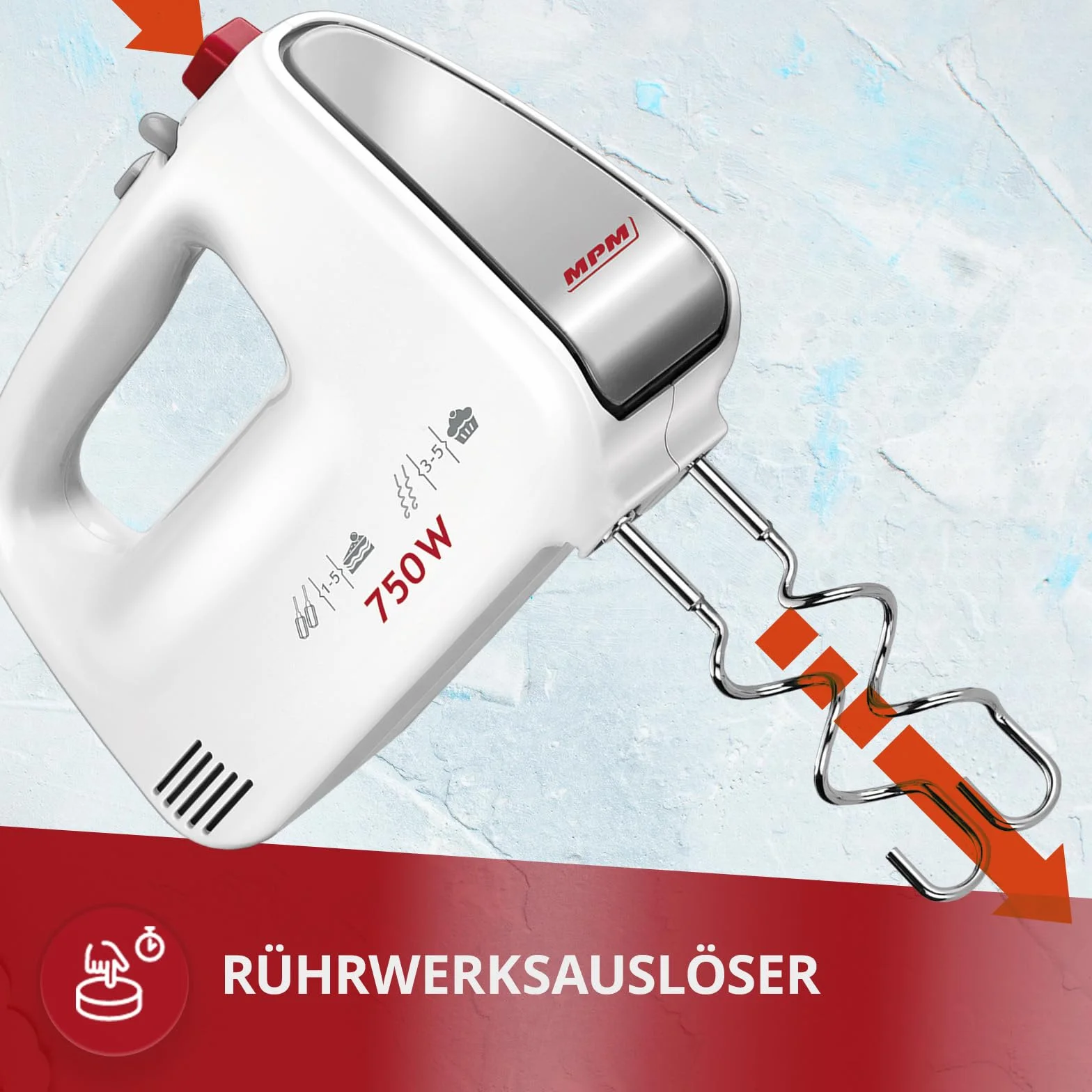 MPM MMR-19 mikser ręczny – mikser ręczny – 750 W, trzepaczka do ciasta hiszpanskiego i haczykiem do wyrabiania ciasta drożdżowego/chleba – 5 prędkości i turbo – elektryczny (biały)