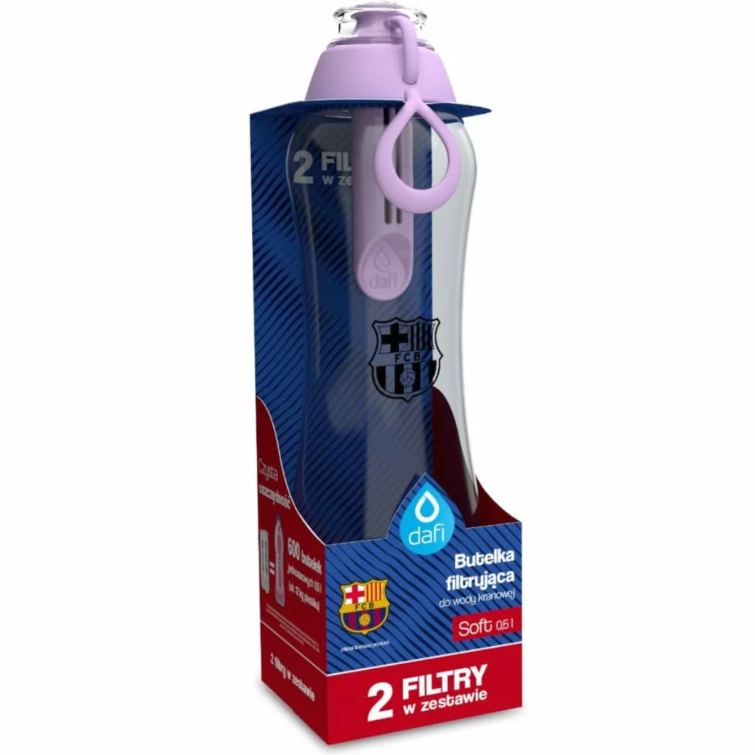 DAFI SOFT butelka filtrująca 500 ml Jagodowa FC Barcelona z 2 filtrami węglowymi - limitowana edycja z herbem klubu i naklejkami piłkarzy - idealna do szkoły, pracy, na siłownię i trening