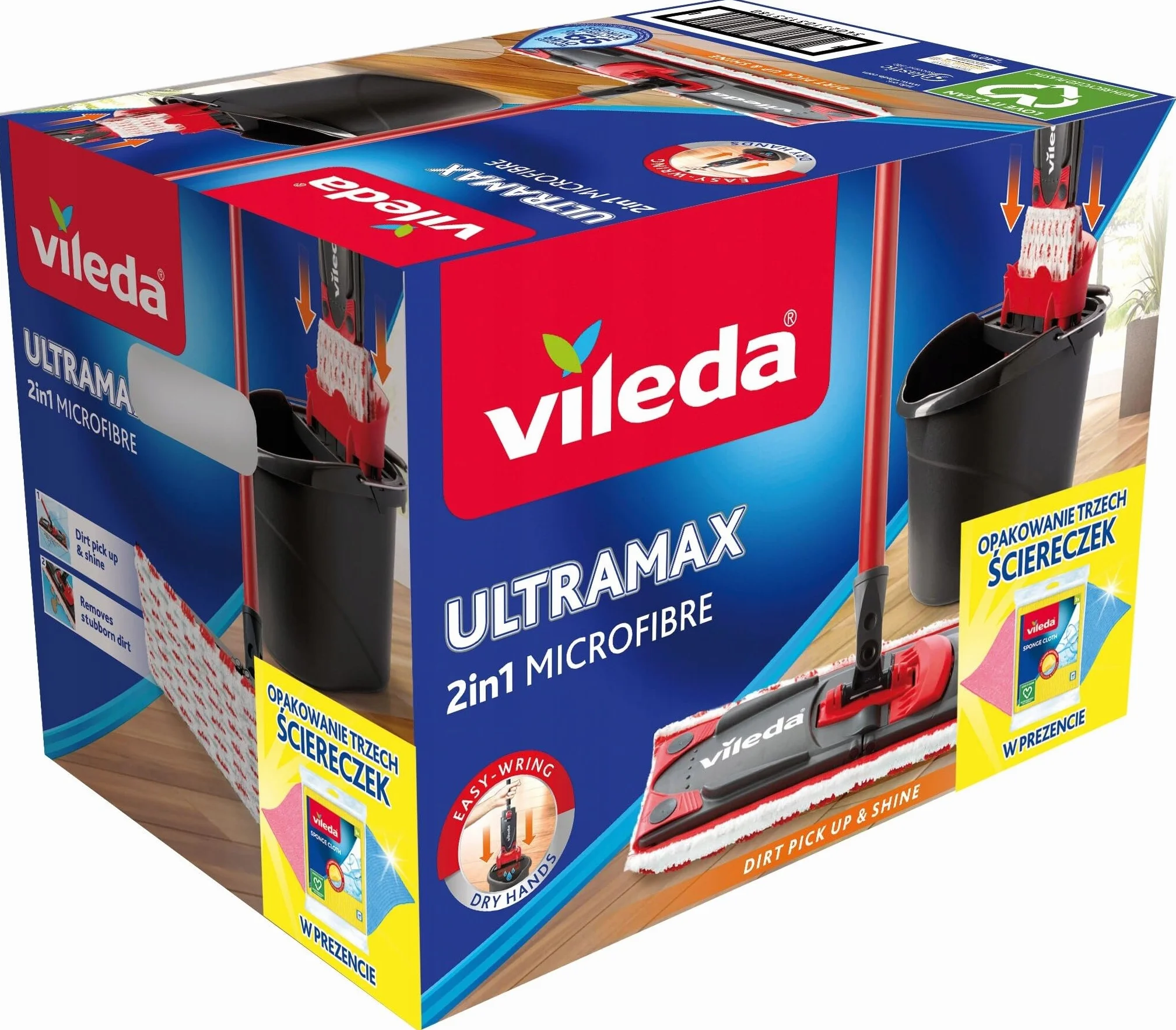 Vileda Ultramax BOX + ściereczki Viledy zestaw do sprzątania wiadro z wyciskaczem, mop i ścierki