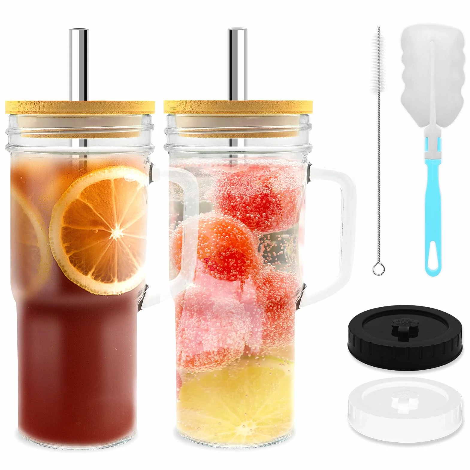 Szklany Kubek z Pokrywką i Słomką 24oz/700m Mason Jar z Uchwytem Słomek Wielokrotnego Użytku z Szczotka Zestaw Kubków do Mrożonej Kawy do Podróży Biura Domu (2, 700ml)
