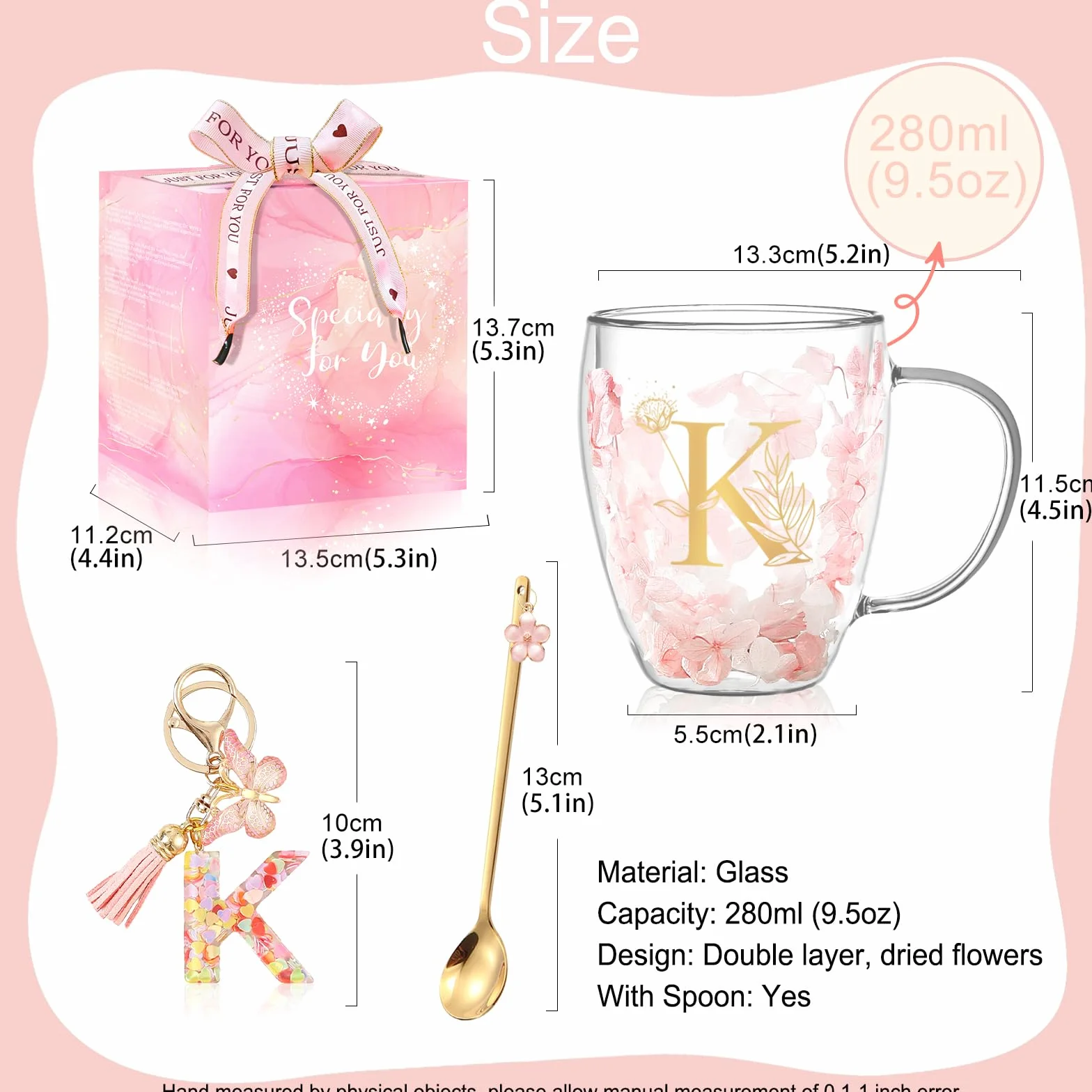 Personalizowany prezent dla kobiet - dwuscienne szklany kubek do kawy z motywem kwiatów z łyżeczką, monogramowany, spersonalizowany prezent, idealny na Boże Narodzenie, Walentynki, Dzień Matki