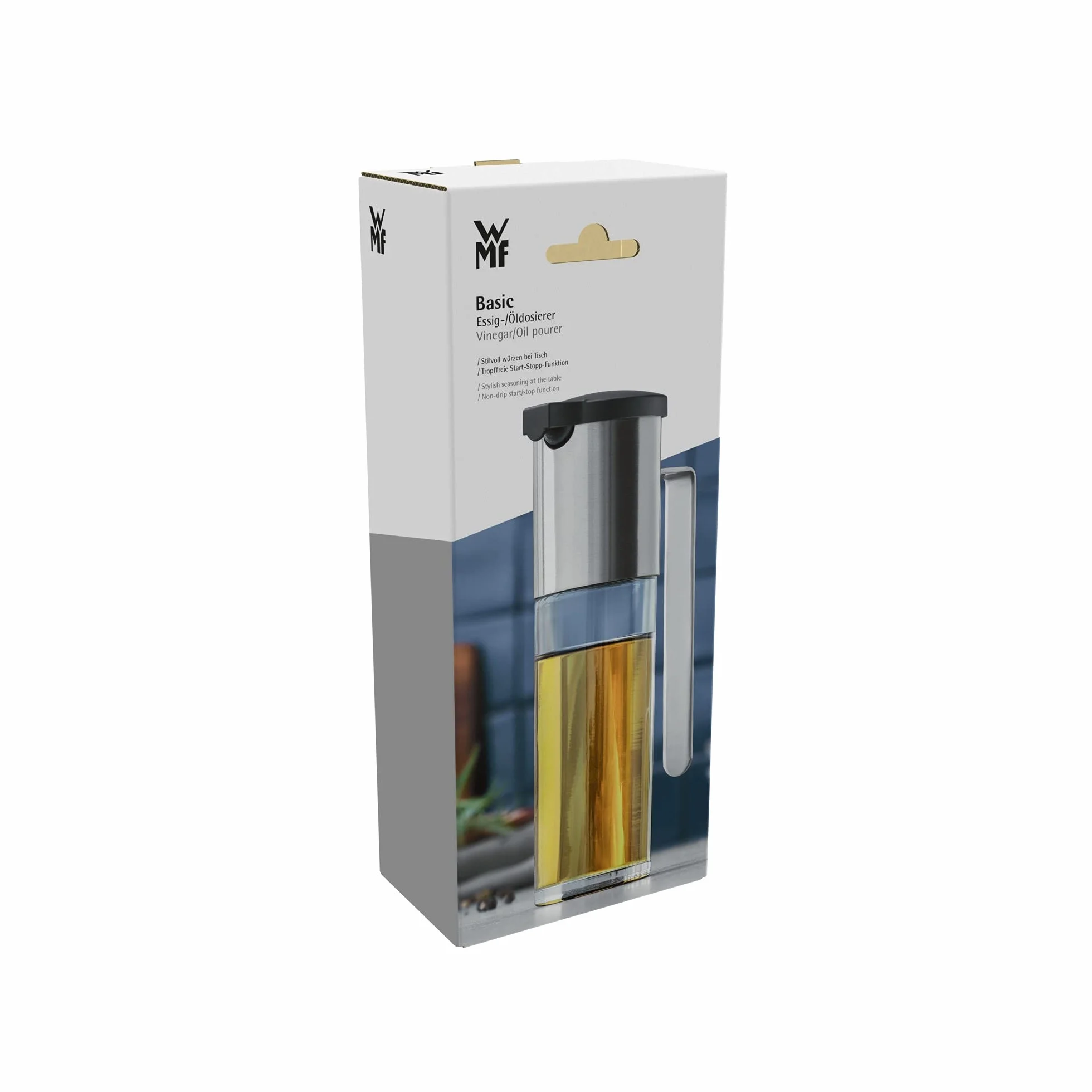 WMF Podstawowy dozownik octu i oleju 120 ml, dozownik octu i oleju z pokrywką aromatyczną, otworem zwrotnym, szklanym pojemnikiem, matowana stal nierdzewna Cromargan