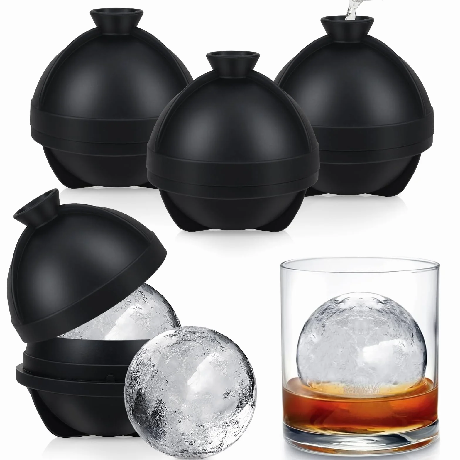 BOCHION Silikonowa forma do kulek lodowych, 4 sztuki, 6 cm, duża, okrągła taca na kostki lodu z pokrywką lejka, do zamrażarki, whisky, koktajli, napojów, łatwe uwalnianie foremek do kostek lodu