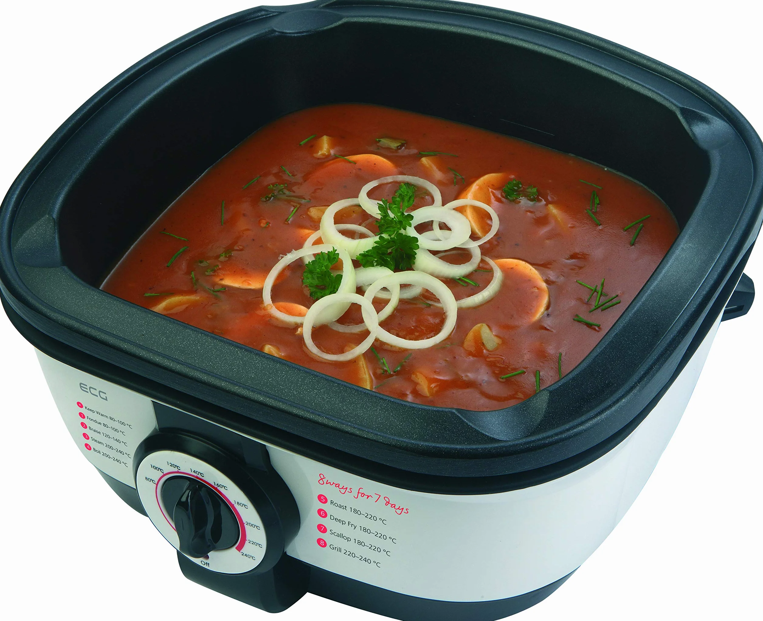 ECG MH 158 wielofunkcyjny garnek, 1500 W, 8 funkcji, pojemność 5 l, temperatura od 80 do 240°C, czarno-biała