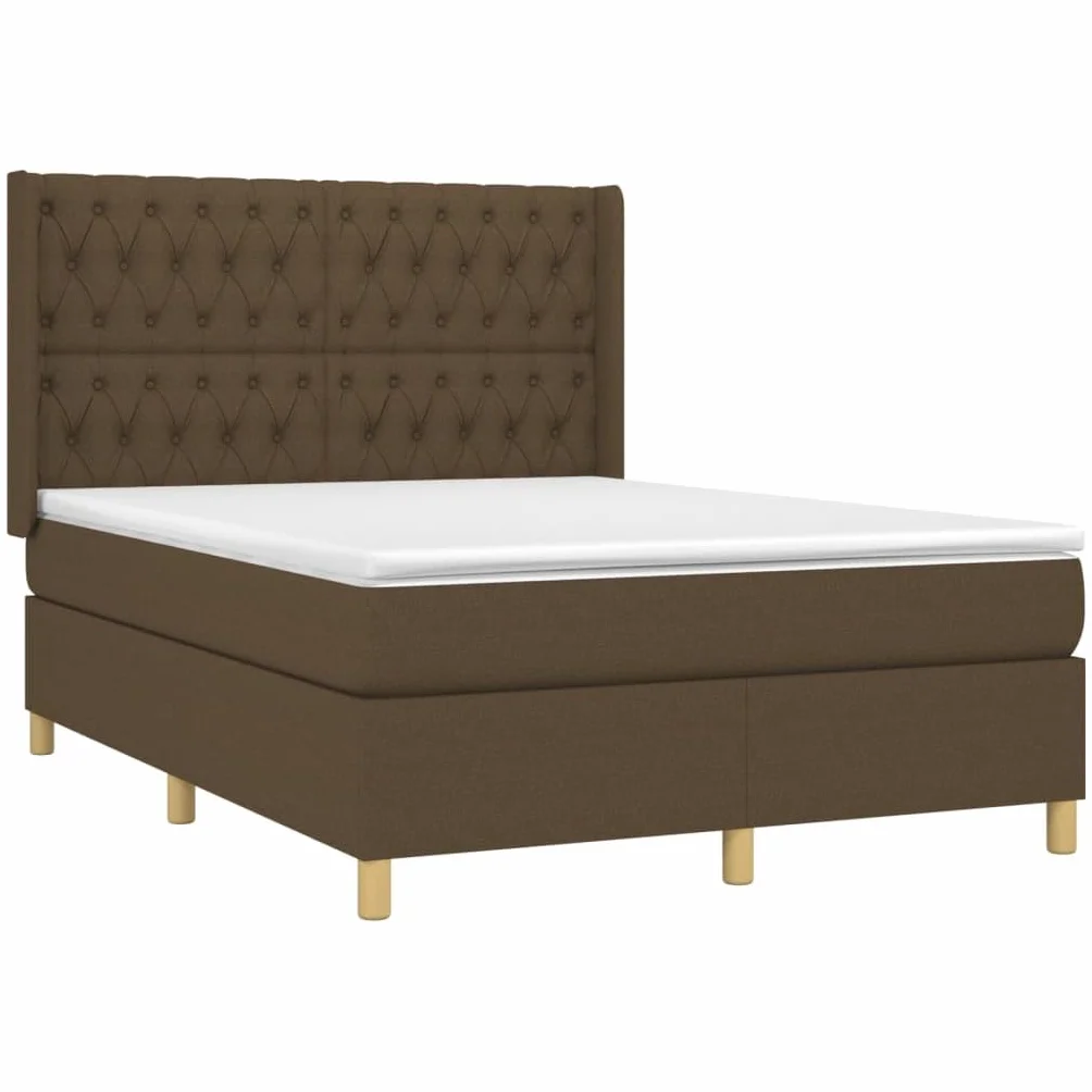 Tkanina z regulowanym zagłówkiem Standard 140x190 cm Brąz | Łóżko kontynentalne z materacem sprężynowym brązowe tkanina 140x190 cm wysokie wezgłowie średnio twarde