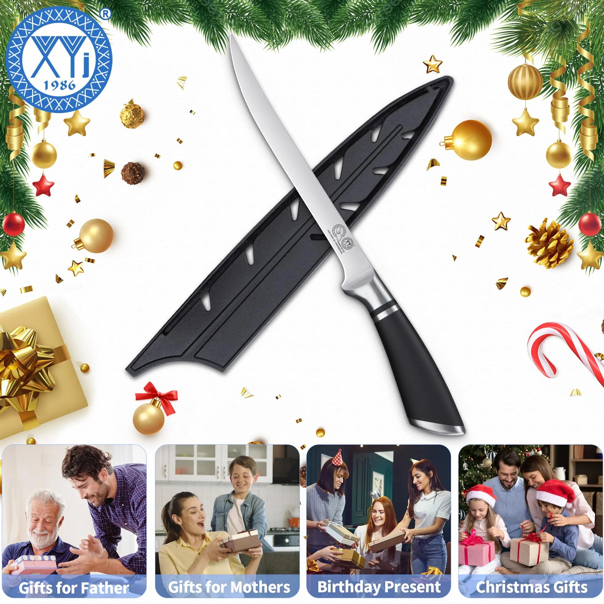 XYJ Professional Kitchen Knife,8 Inch Razor Sharp Stainless Steel Filleting Knife,Salmon Fish Meat Carving Steak Knife,Deboning Knife With Sheath Case
