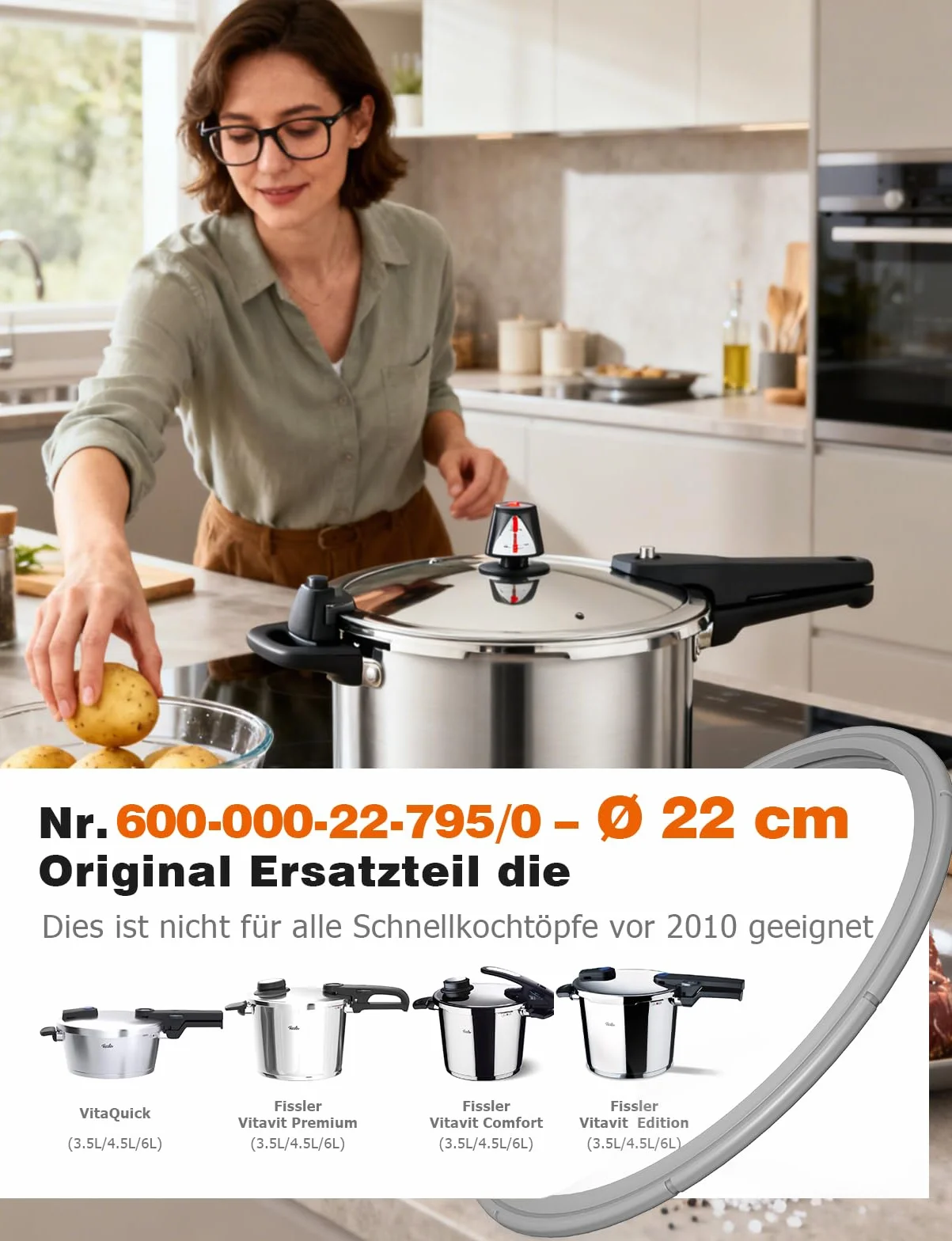 Mellbree Pierścień uszczelniający 22 cm do Fissler | 600-000-22-795/0 – uszczelka zapasowa do naczyń ciśnieniowych Fissler Vitaquick, Vitavit Comfort/Premium/Edition, wyprodukowane po 2010 roku (2