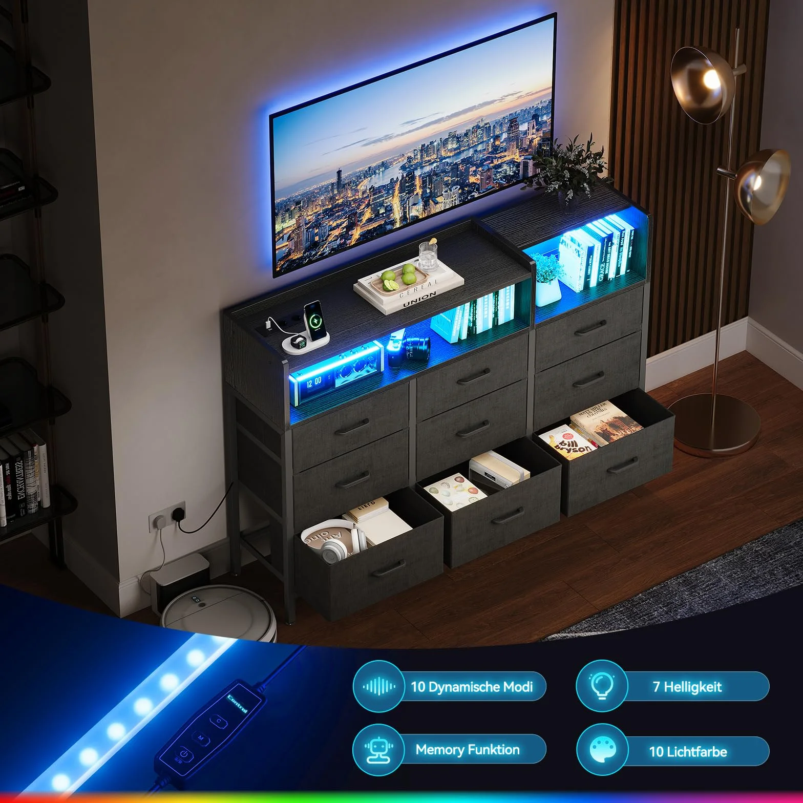 Komoda z szufladami z gniazdami USB i LED 130x30x97 cm czarna