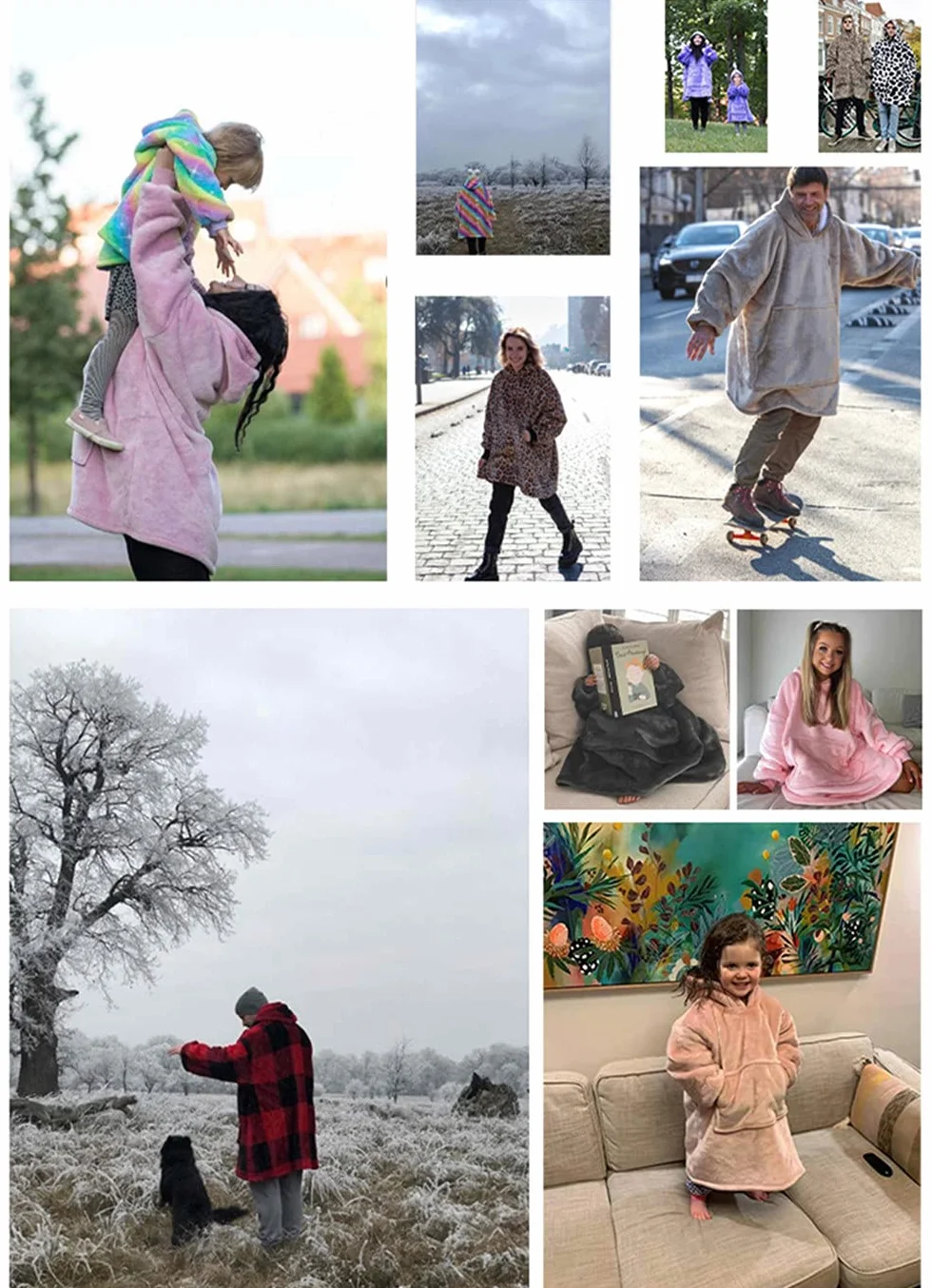 Sacebeleu Koc z kapturem, pluszowy koc Sherpa z rękawami, oversize, sweter z kieszenią typu kangur, flanelowy koc polarowy, rozmiar uniwersalny dla kobiet, mężczyzn