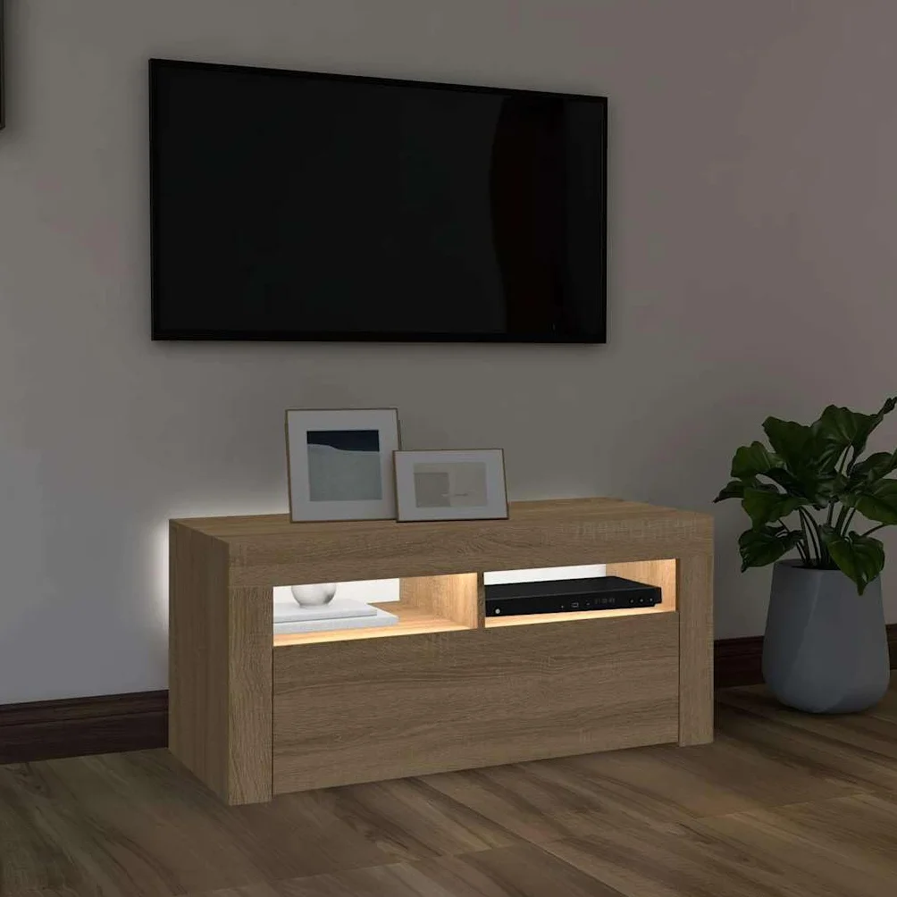 Szafka pod telewizor z diodami LED, dąb Sonoma 90 x 35 x 40 cm, nowoczesna szafka pod telewizor, wytrzymała uniwersalna podstawka pod telewizor, konsola multimedialna do salonu