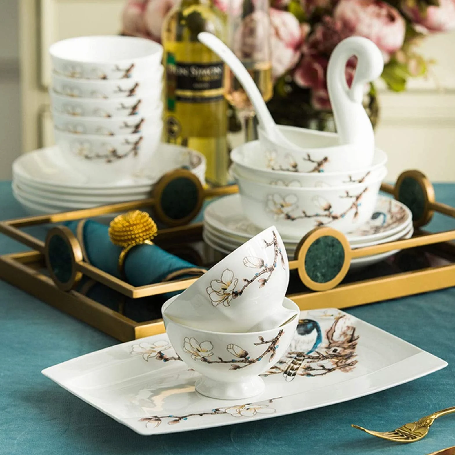 60-elementowy zestaw naczyń z europejskiej porcelany kostnej, ceramika Jingdezhen, porcje dla 8-10 osób, kompletny ręcznie robiony zestaw naczyń ceramicznych, zestaw,