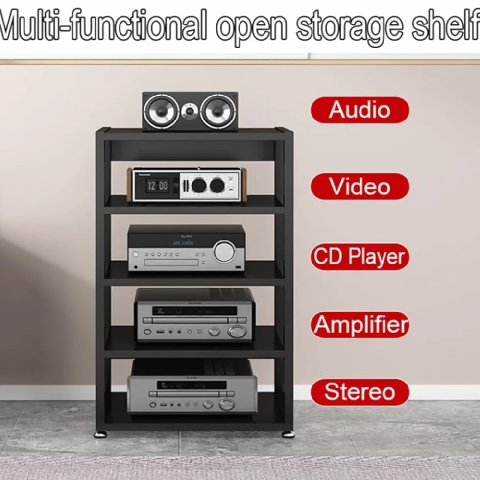 Générique Nowoczesna 4-poziomowa podstawka audio z drewna tekowego - stylowa konsola telewizyjna do domu/biura, otwarty mebel do gier i stereo, wymiary 50 x 40 x 69,5 cm, idealny do instalacji