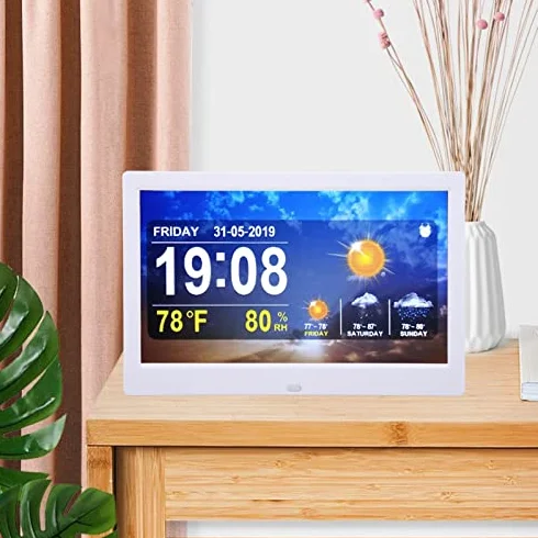 KIMISS 10in WIFI Zegar Pogodowy, 100-240 V Cyfrowy Kalendarz Budzik Biały Data Czas Temperatura Wilgotność Budzik z obsługą Pilota Zdjęcia Filmy Odtwarzanie Muzyki (Wtyczka UE)