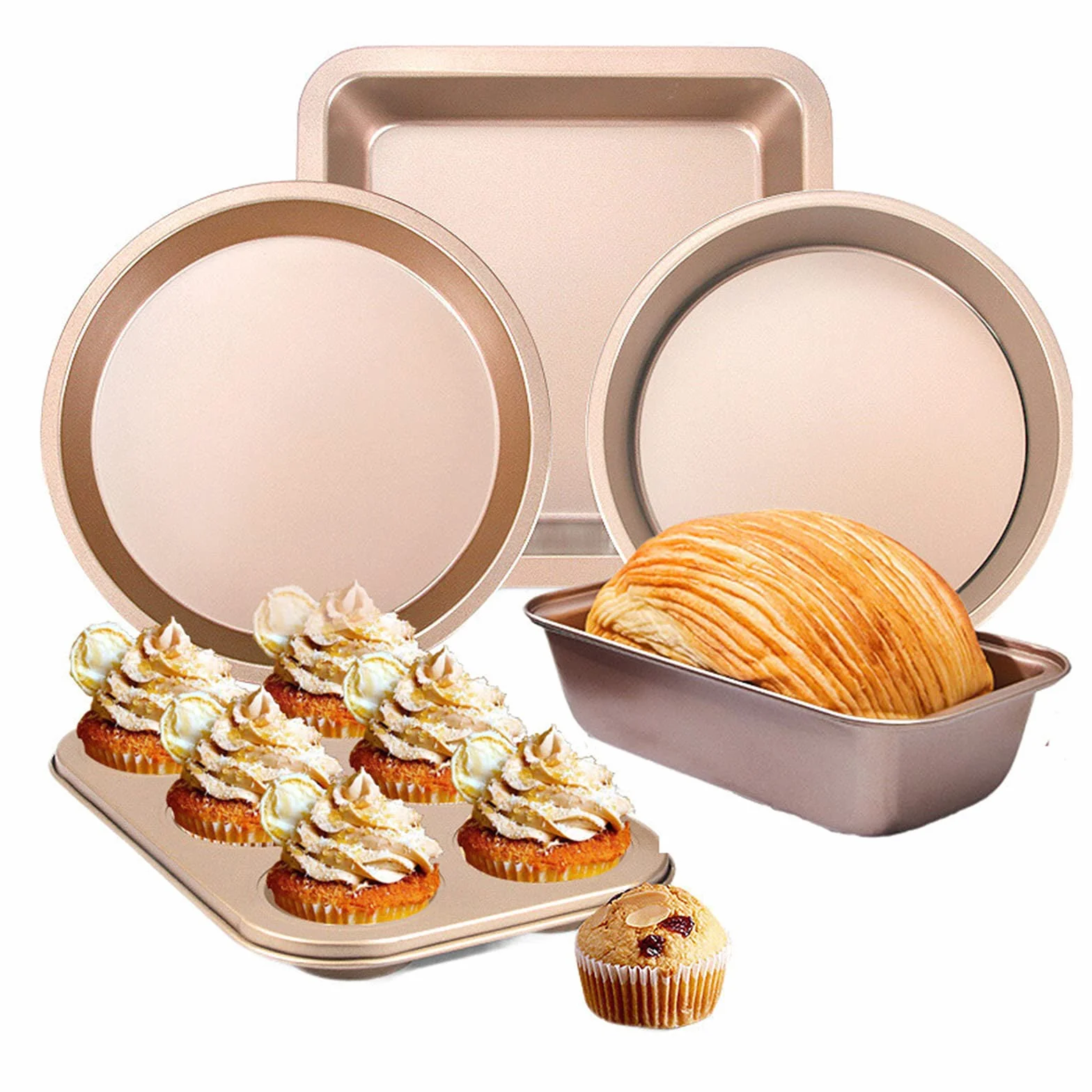 Naczynia kuchenne Nonstick zestaw do pieczenia arkusze do pieczenia ciastek tosty Pan ciasto foremka na muffinki chleb Pan 5 sztuka różowe złoto forma nieprzywierająca