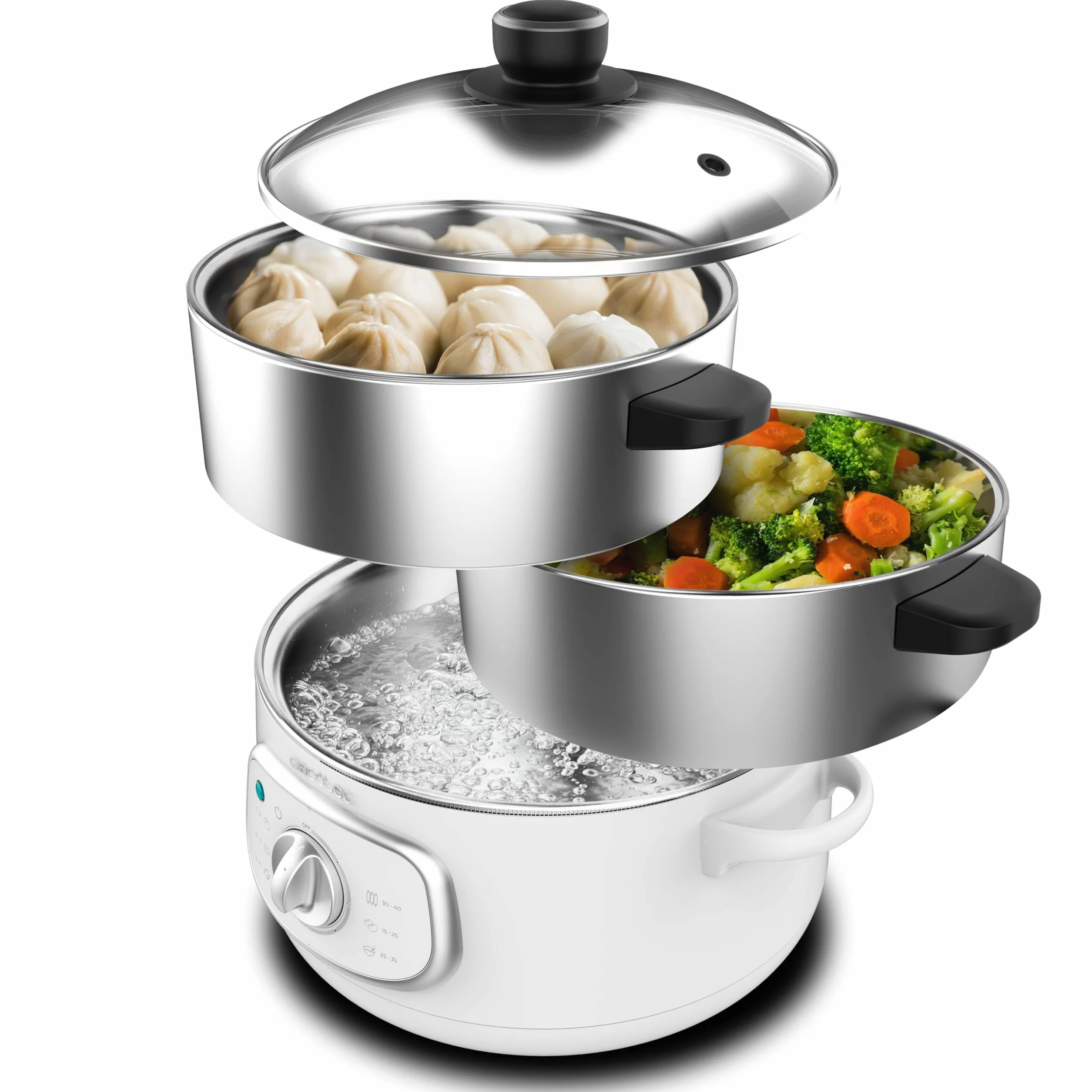 Cecotec Elektryczny parowar Vapovita Steelpot biały. Moc 1300 W, pojemnik ze stali nierdzewnej, 10 l, regulowany czas, automatyczne wyłączanie, łatwe czyszczenie, specjalna pokrywka, zdrowe gotowanie