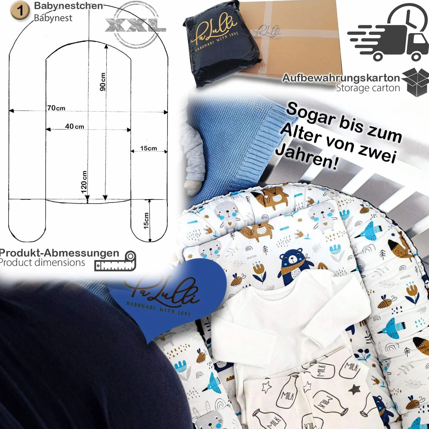 PaLulli Gniazdo niemowlęce XXL, kokon dziecięcy, dwustronny, 100% bawełna, 120 x 60 cm, do łóżeczka dziecięcego, łóżeczka podróżnego, dla niemowląt i zwierząt
