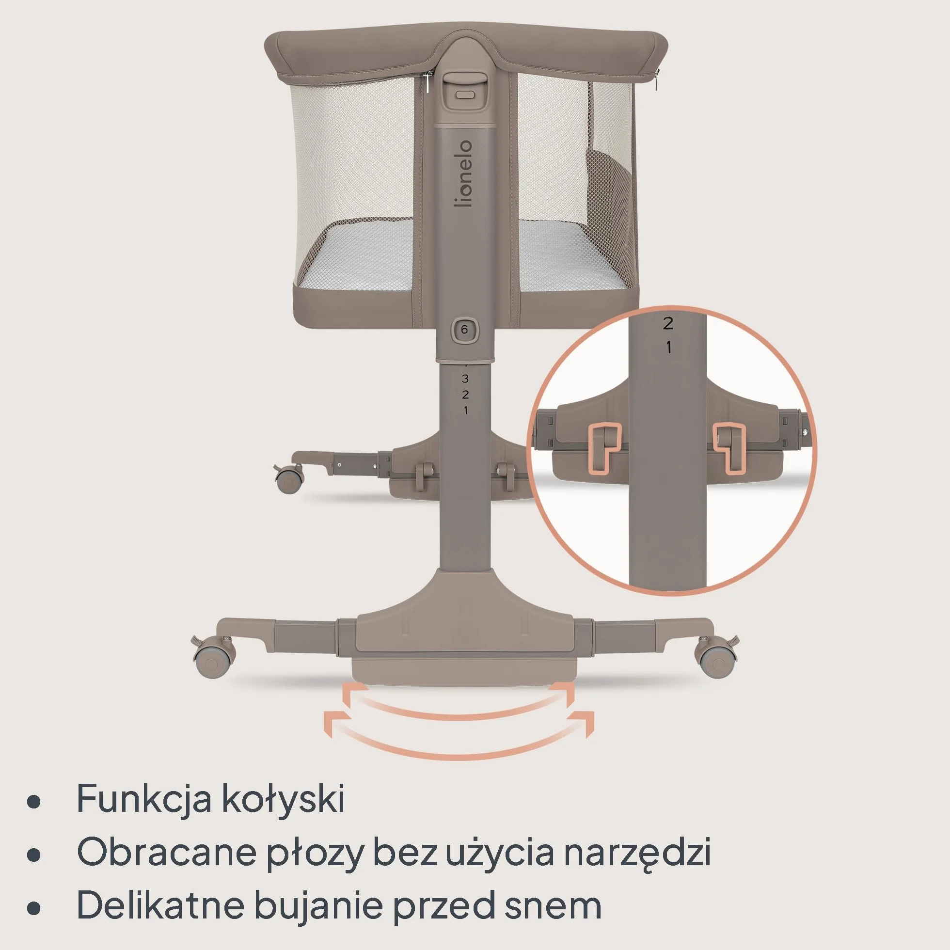 lionelo PARI łóżeczko nocne, łóżeczko dziecięce, 3 w 1, regulowane łóżeczko nocne, 6 poziomów, kołysanie, pochylany materac, siatka, zamykane kółka, torba podróżna