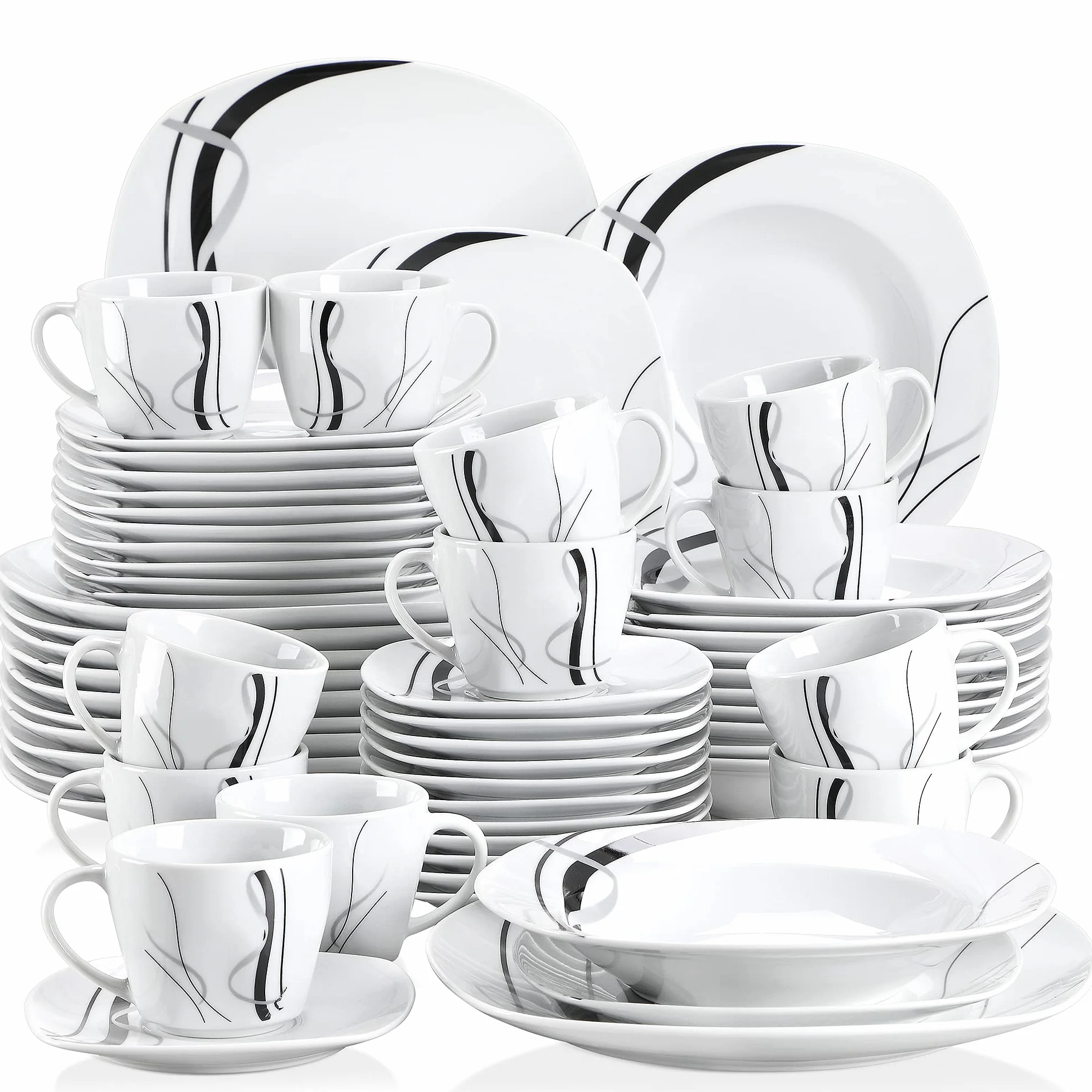 VEWEET „Fiona” 60-częściowy porcelanowy serwis stołowy kombi, filiżanki do kawy o pojemności 175 ml, spodki, talerze deserowe, talerze obiadowe i talerze do zupy, pełny serwis dla 12 osób