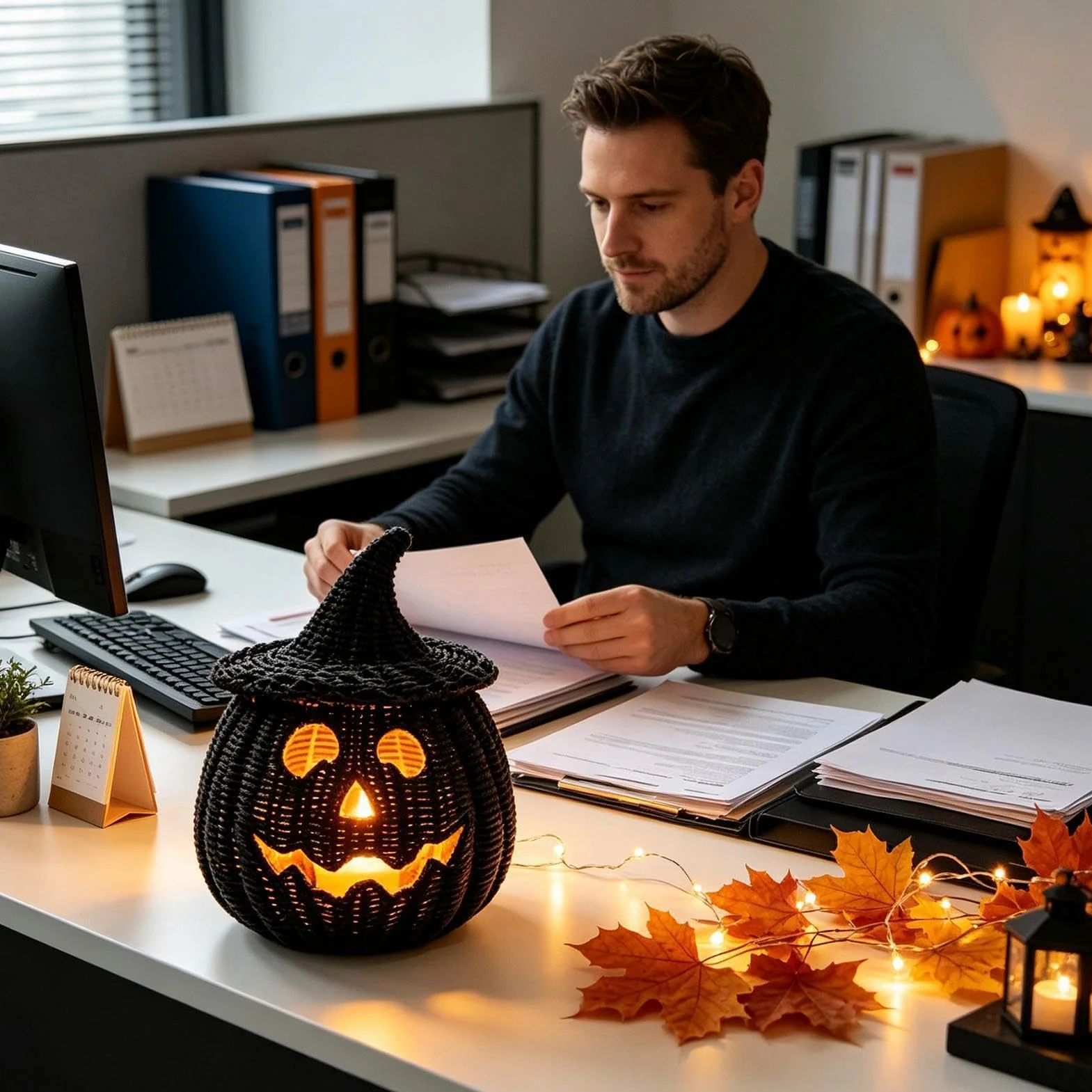 Dekoracyjny Pleciony Kosz Dyniowy Halloweenowy pojemnik ze świeczką LED | Czarne pojemniki na słodycze do domu, salonu, biurka, kominka, stołu jadalnego, przedpokoju, ganku, przyjęcia