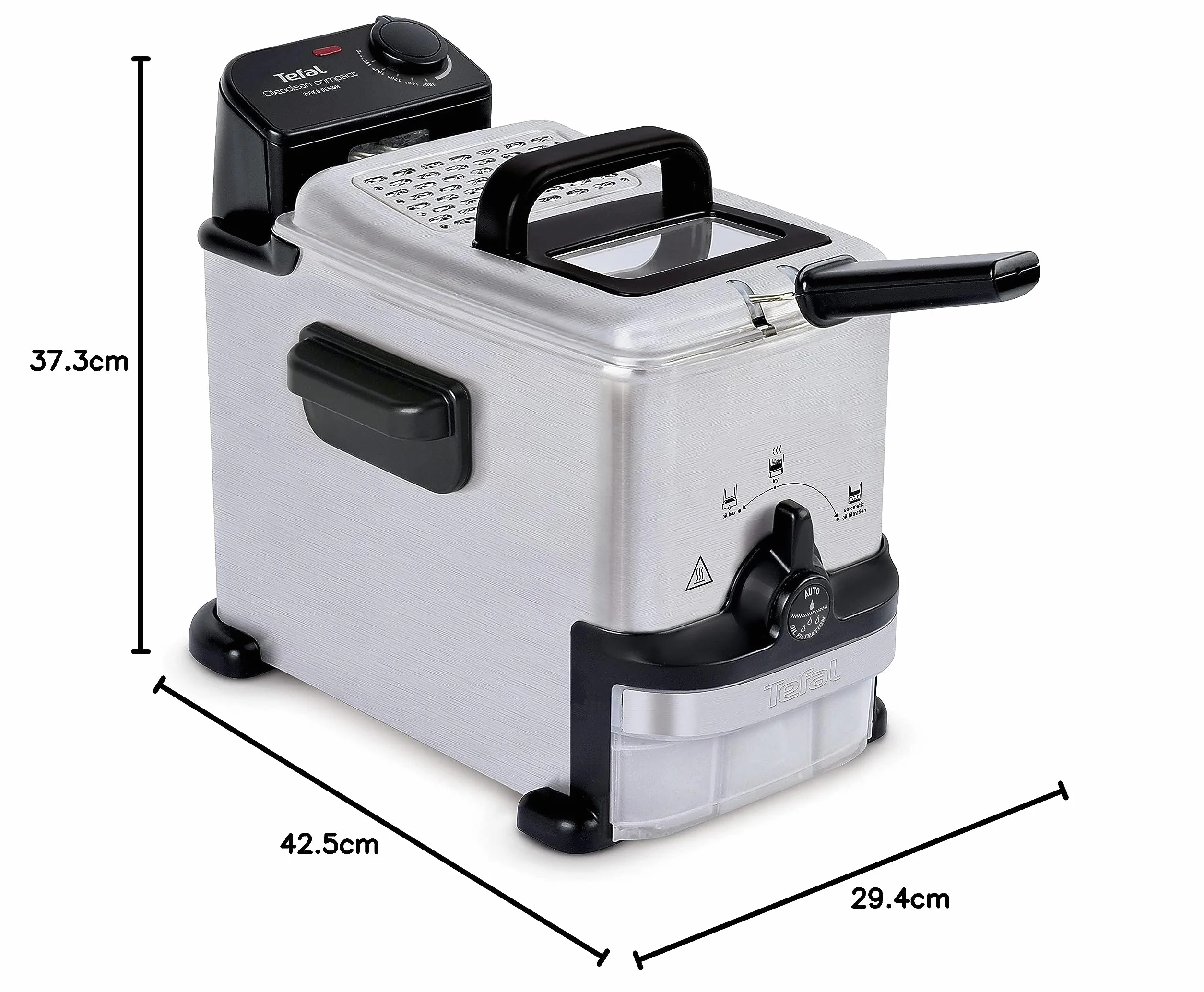 Tefal FR7016 Oleoclean Compact elektryczna frytkownica, pojemność 2 l, automatyczna filtracja oleju, części nadające się do mycia w zmywarce, okienko, regulowana temperatura, czarna/stal nierdzewna