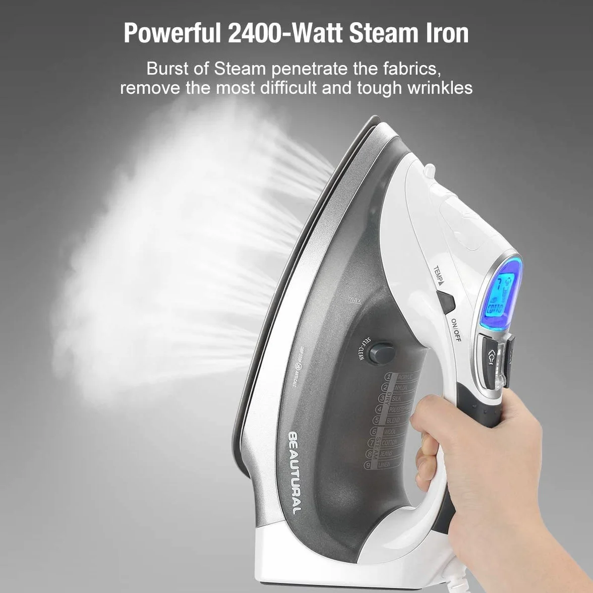 Beautural Żelazko parowe, 2400 W, ceramiczna stopa, zbiornik 340 ml, 9 ustawień pary, wyświetlacz LCD, długość kabla 2,4 m, automatyczne wyłączanie, samoczyszczenie