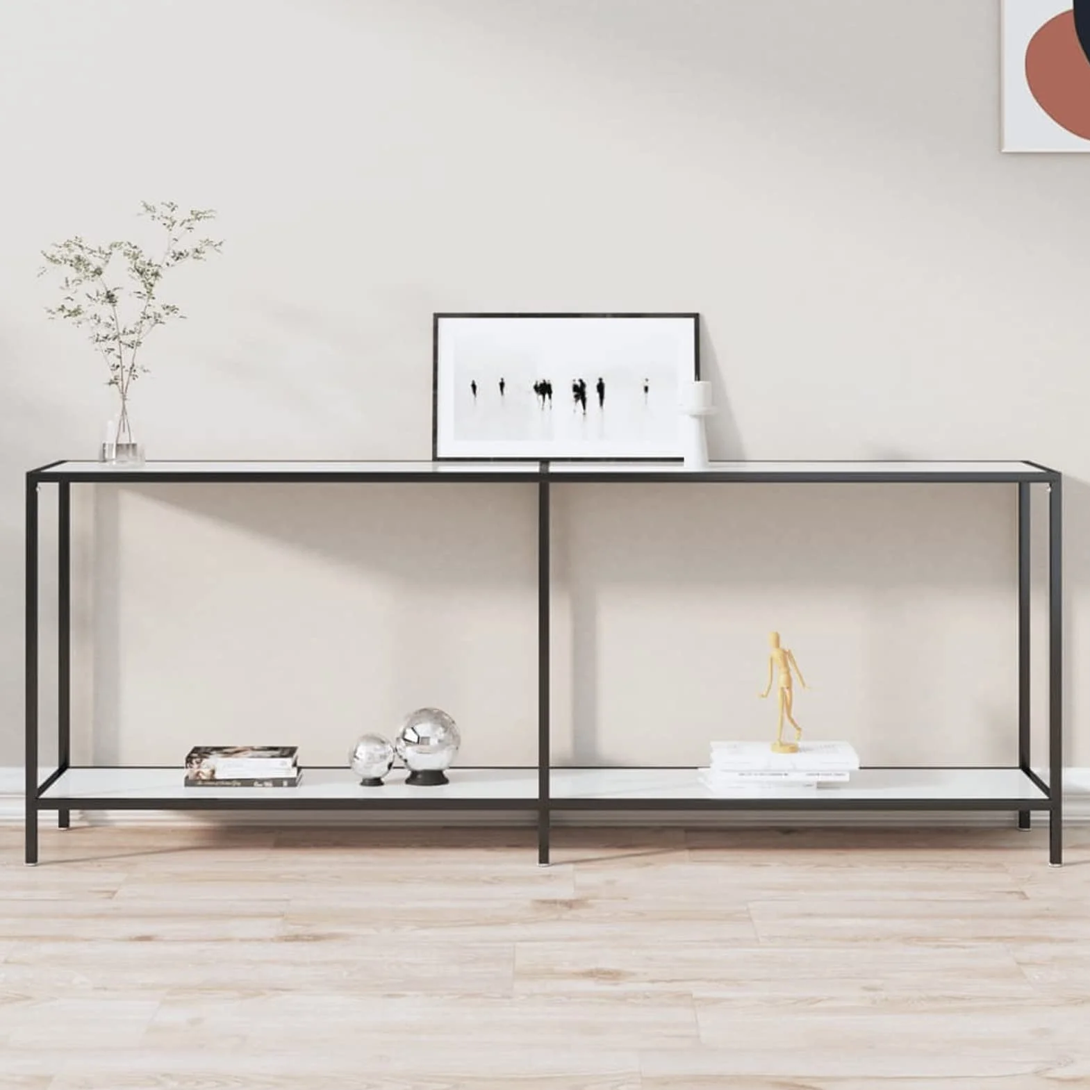 Stół konsolowy biały 200 x 35 x 75 cm ze szkła hartowanego, stolik konsolowy do przedpokoju, wąski stół wejściowy z szufladą i półkami do przechowywania, stolik na sofę do małych przestrzeni