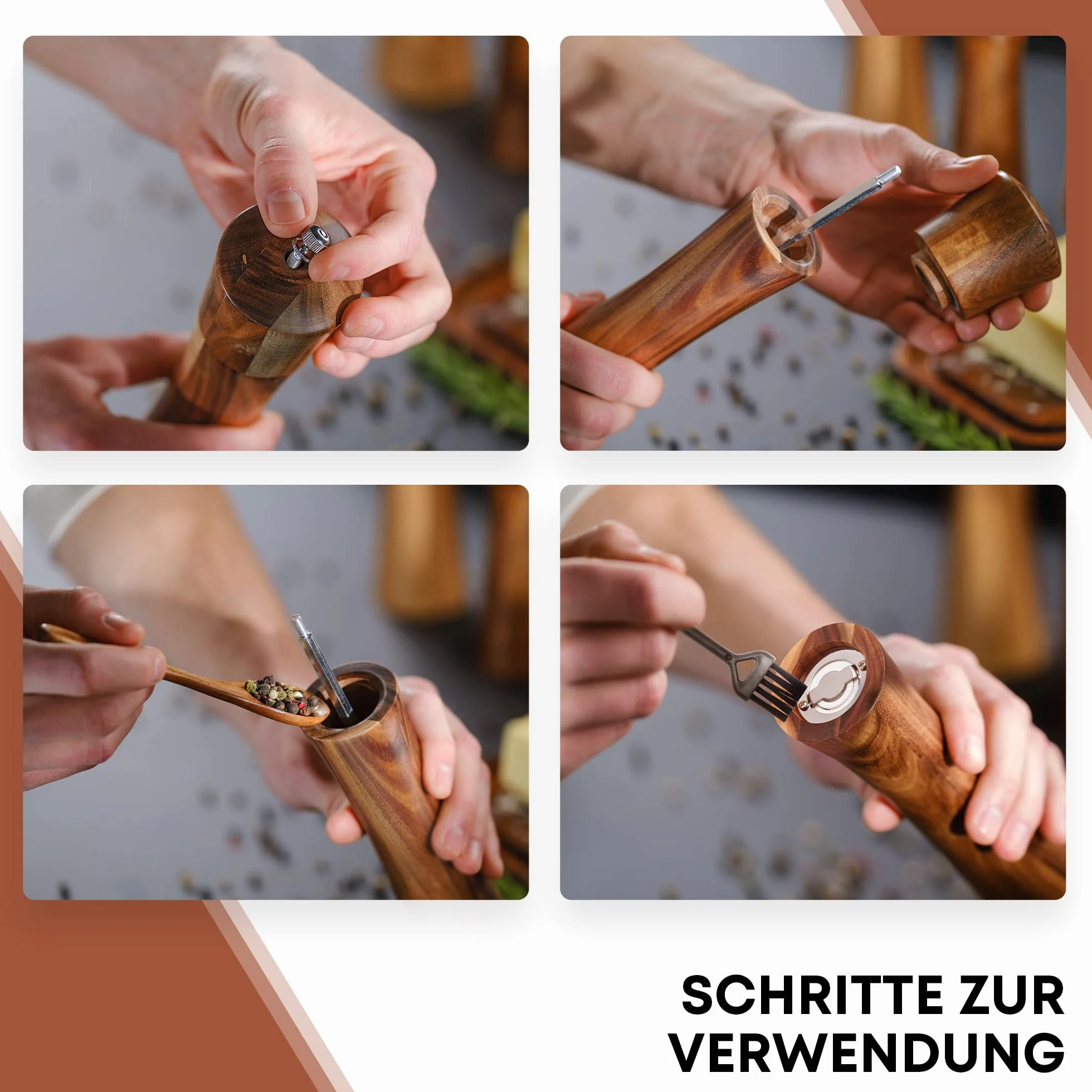 WALDLAND® Młynek do soli i pieprzu z drewna, z podstawką, mały (16,5 cm), młynek do przypraw z ceramicznym mechanizmem mielącym, zestaw młynków do pieprzu i soli