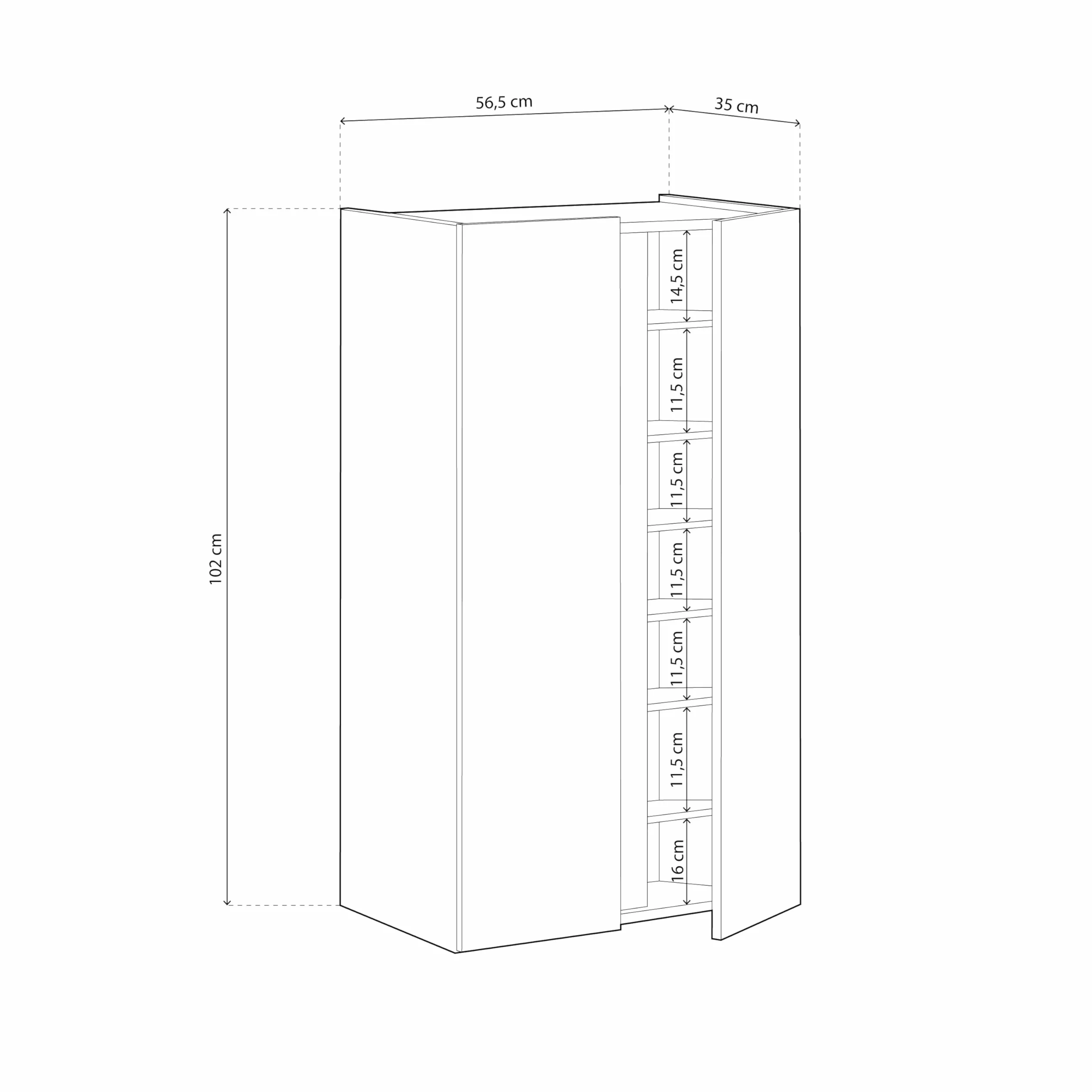 duehome | Eitan, 2-drzwiowy szewc, Szafka na buty, Wykończenie w kolorze białym Artik & Dąb Nodi, Wymiary: 56,5 cm (długość) x 102 cm (wysokość) x 35 cm (tło)