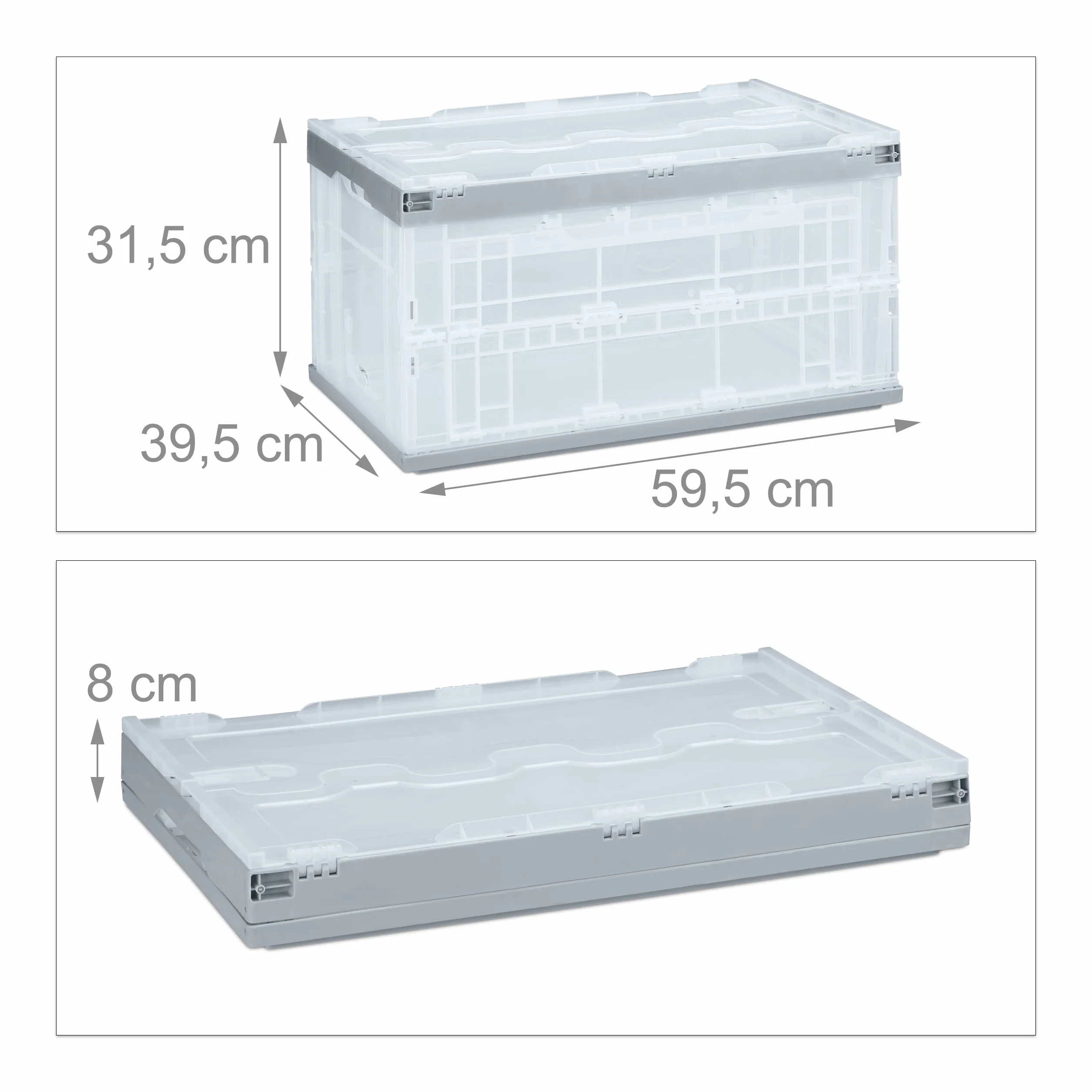 4 x profesjonalne pudełko transportowe, stabilne, przemysłowe, wysokiej jakości tworzywo sztuczne, 60 l, składane pudełko HBT 31,5 x 59,5 x 39,5 cm, szare